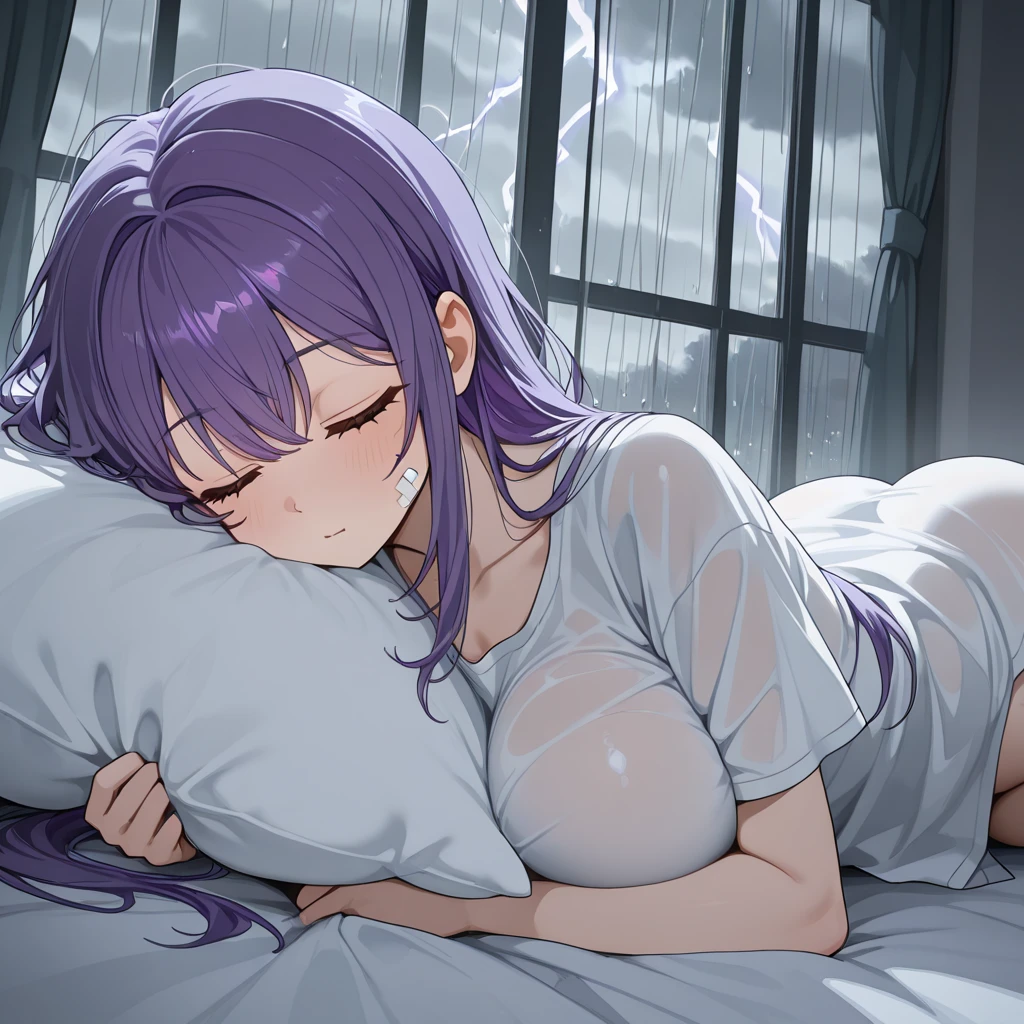 ​masterpiece, best quality, highres, 8K, ,medium breasts,1 girl,1 boy,Sex,orgasm,im Bett,black swimsuit,purple hair