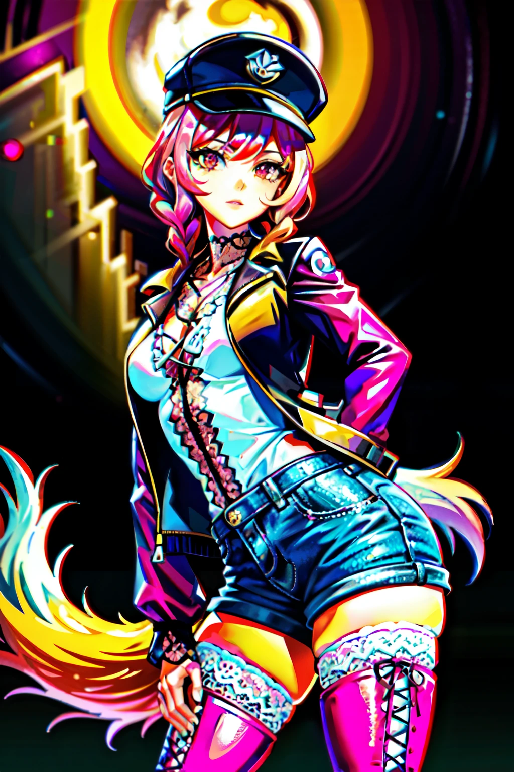 ((((best quality))), (((ultra detailed))), (((masterpiece))), illustration,(Magazine cover-style illustration of a fashionable woman in a vibrant outfit), posing in front of a colorful and dynamic background. She has a confident expression and is holding a statement accessory, The text on the cover should be bold and attention-grabbing, with the title of the magazine and a catchy headline. The overall style should be modern and trendy, with a focus on fashion and lifestyle), wall paper,crowds,fashion,Lipstick,ray tracing,depth of field, street,in public,day 1girl,solo,looking at viewer, glossy skin, contrapposto, navel, midriff, necklace, female focus,model,medium breasts, ,street,in public,police hat, police uniform, handcuffs,short shorts, arms crossed, cool, see-through, school uniform,jitome, ,underboob,floating hair, sexy ,fine fabric emphasis