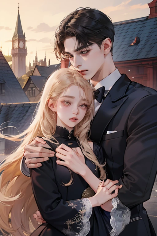 The man in the suit shows his fangs vampire,Dresses are afraid of girls,The girl clasped her hands