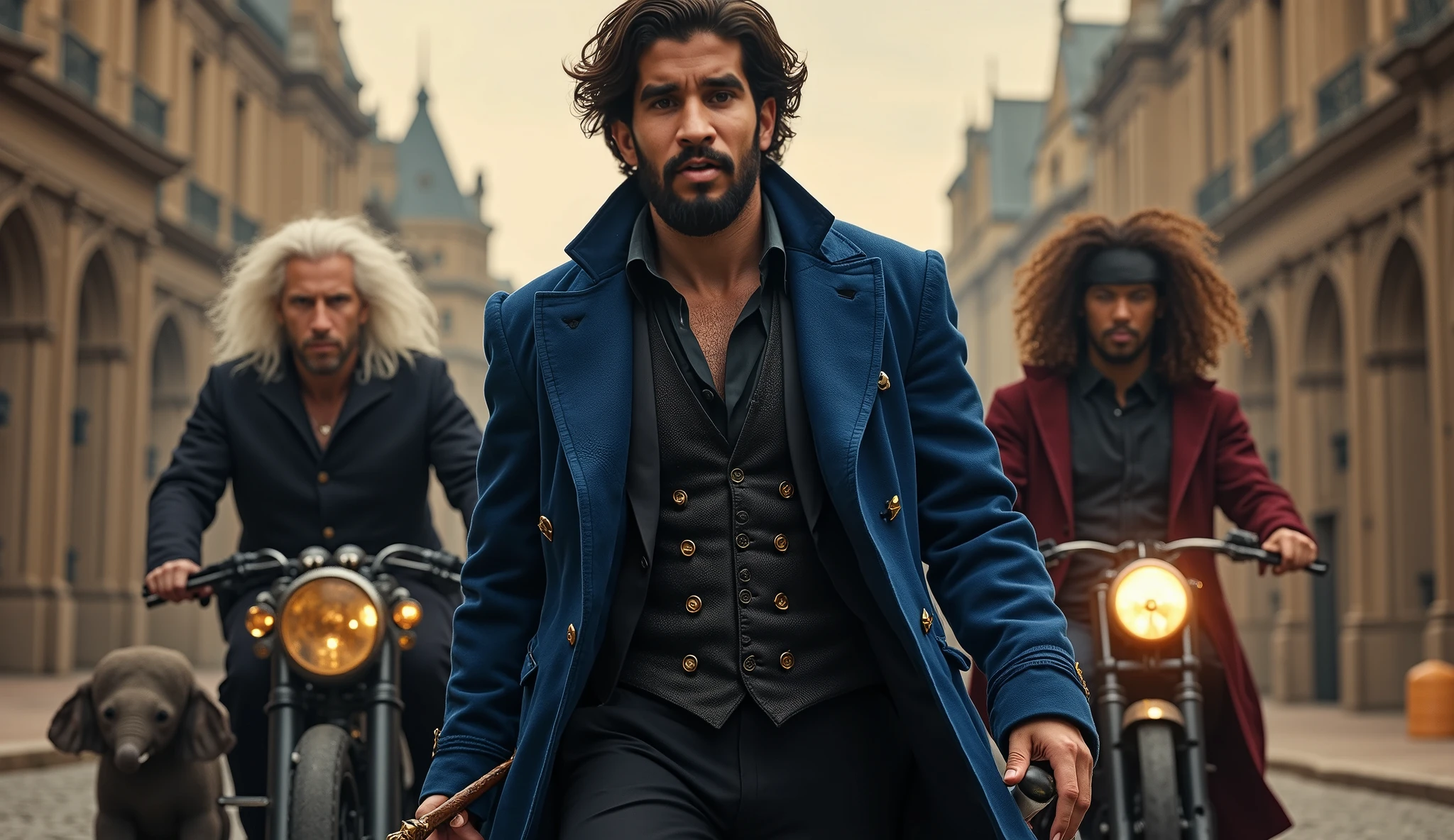 "A hyper-realistic cinematic scene of a magical adventure. The central figure is a male wizard with dark, wavy hair, a well-groomed beard, and a determined expression. He wears a richly textured blue coat over a black vest and suit, holding a glowing wand in his right hand. His presence is powerful and heroic.
To his left, an elderly man with long white hair and a beard wears a black, buttoned robe with a wise, mysterious expression. Behind him, a young man with wild white hair and a red coat is riding a vintage motorcycle with a bright headlight. A smiling woman with curly dark hair and a black outfit is positioned in the lower left corner, exuding warmth.
A small, realistically detailed baby elephant stands near the bottom left, appearing magical and curious. The backdrop features an old European-style city with grand, ancient buildings. The environment is softly lit with golden hues, and subtle magical energy is present in the air. The title 'Fantastic Beast: Find the Lost Book' is prominently displayed in an elegant, fantasy-style font."