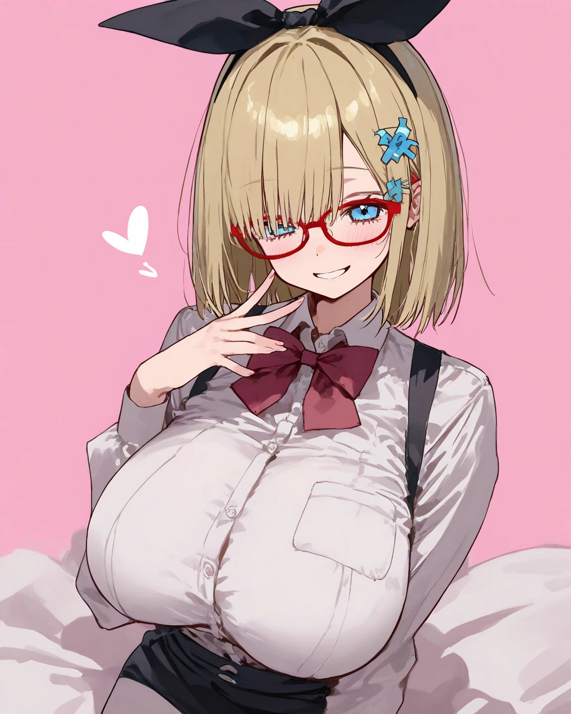 masterpiece, best quality, finely detailed, high resolution, 1girl, by buta99, by chelodoy, by spikedmauler, by cervina7, solo, female, ((hair, snout)), lips, big ass, eyelashes, standing up, happy, eyeliner, big breasts, cleavage, cameltoe, pink eyes, sexy, long curly blonde hair, thick, strawberry theme, sexy, slim waist, skinny, slim, skinny, milf, thick thighs, pretty, pink clothes, strawberry, pink pigtails, kawaii style, bimbo, huge eyes, perky , huge hips, evil , sparkles, pastel background, pink crop top, white pleated skirt, white thigh high socks, sexy, glasses, blonde hair, strawberry piece in hair, black lipstick, vibrant, freckles,