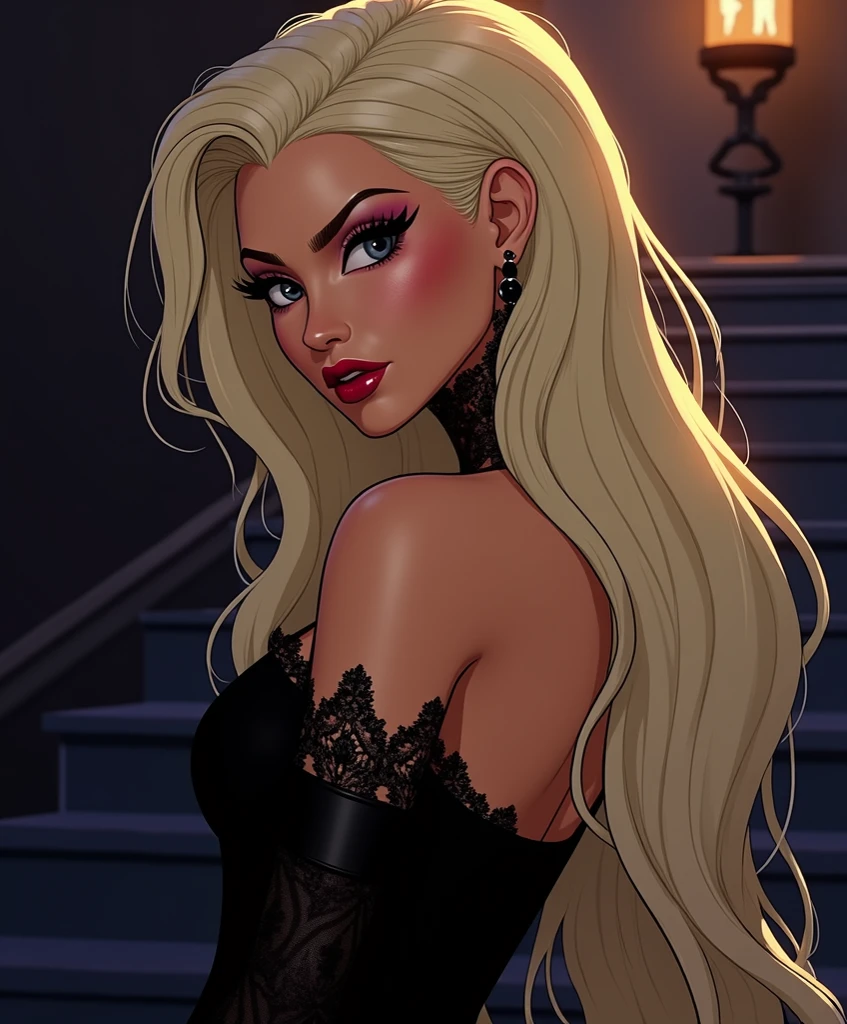 [Nicolette Shea|Kitty Summers], white hair styled in loose waves, analog style, woman, (thepit bimbo:1.2), detailed, skin texture, (silicon lips:1.3), (closeup:1.2), centered, pale skin, looking at viewer, 8k, highly detailed, symmetric, realistic, photo-realistic, cleavage focus, pout, wide hips, night background, glowing skin, breast enlargement, huge breasts, (black lace dress:1.2), bubblebutt, huge lips, gold outline, eyelashes, eyeshadow, 1girl, (massive lips: 1.3), (gigantic lips: 1.3), in frame, (gothic style:1.2), milf, feminine, vampire, huge resolution, moon in background, pronounced cheek bones, highly detailed eyes, (dreamlike style:1.2), blood, blood moon