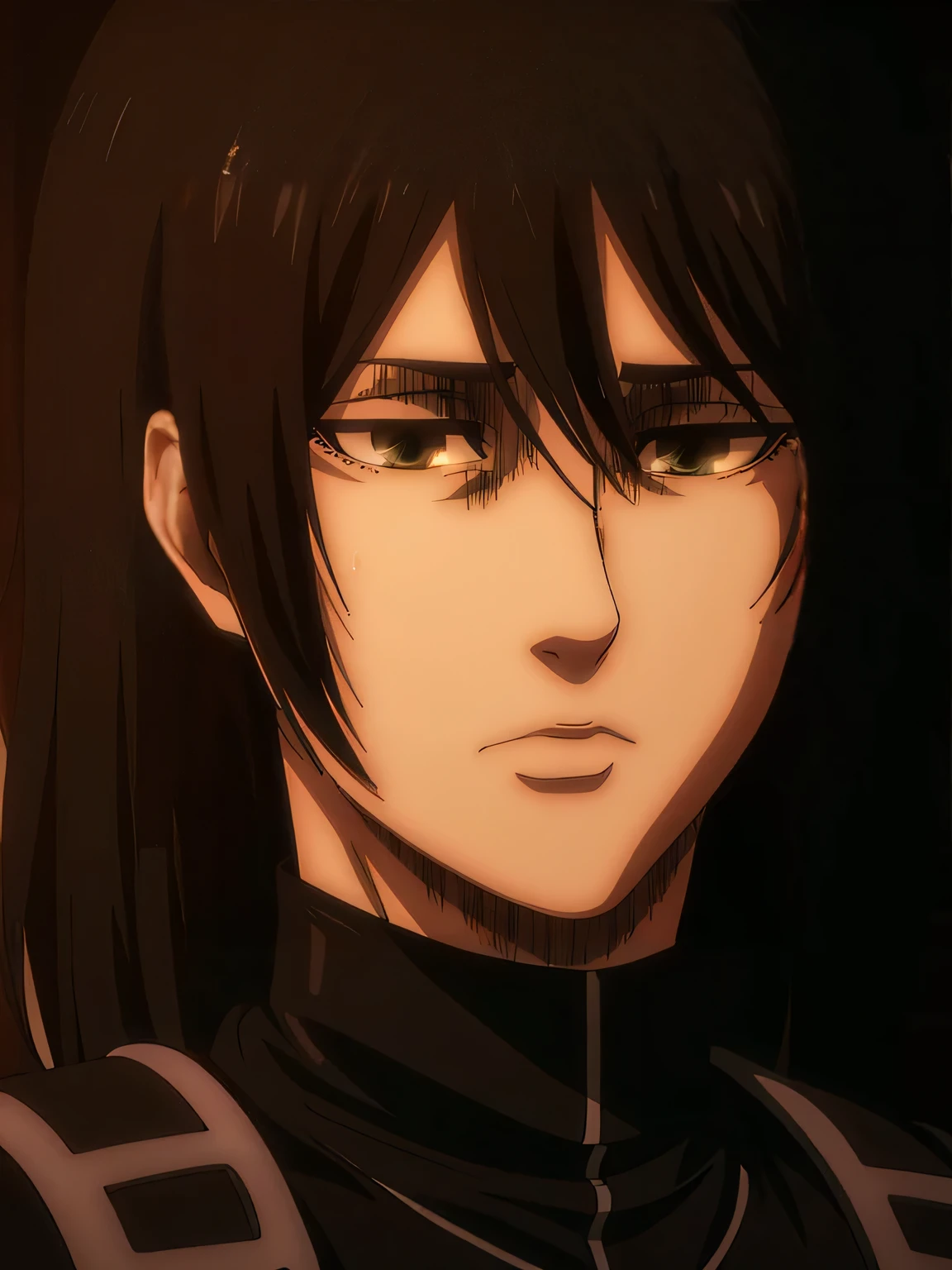 Women, mikasa ackerman, white porcelain skin , very long hair, (cabello negro: 1.3), scowling, sideburns, black bangs with black hair on his forehead , very long hair, long black hair and eyes, scowling, angry, choker black choker, white linen shirt, black pants, thigh strap, white linen shirt, has sharp eyes, medium breasts, toned body,only, black bangs with black hair on his forehead , very long hair, long black hair and eyes de color azul en una camisa blanca, has Asian eyes, only, Lips, only, masterpiece, plano medio, portrait, highly detailed, best quality, dramatic lighting