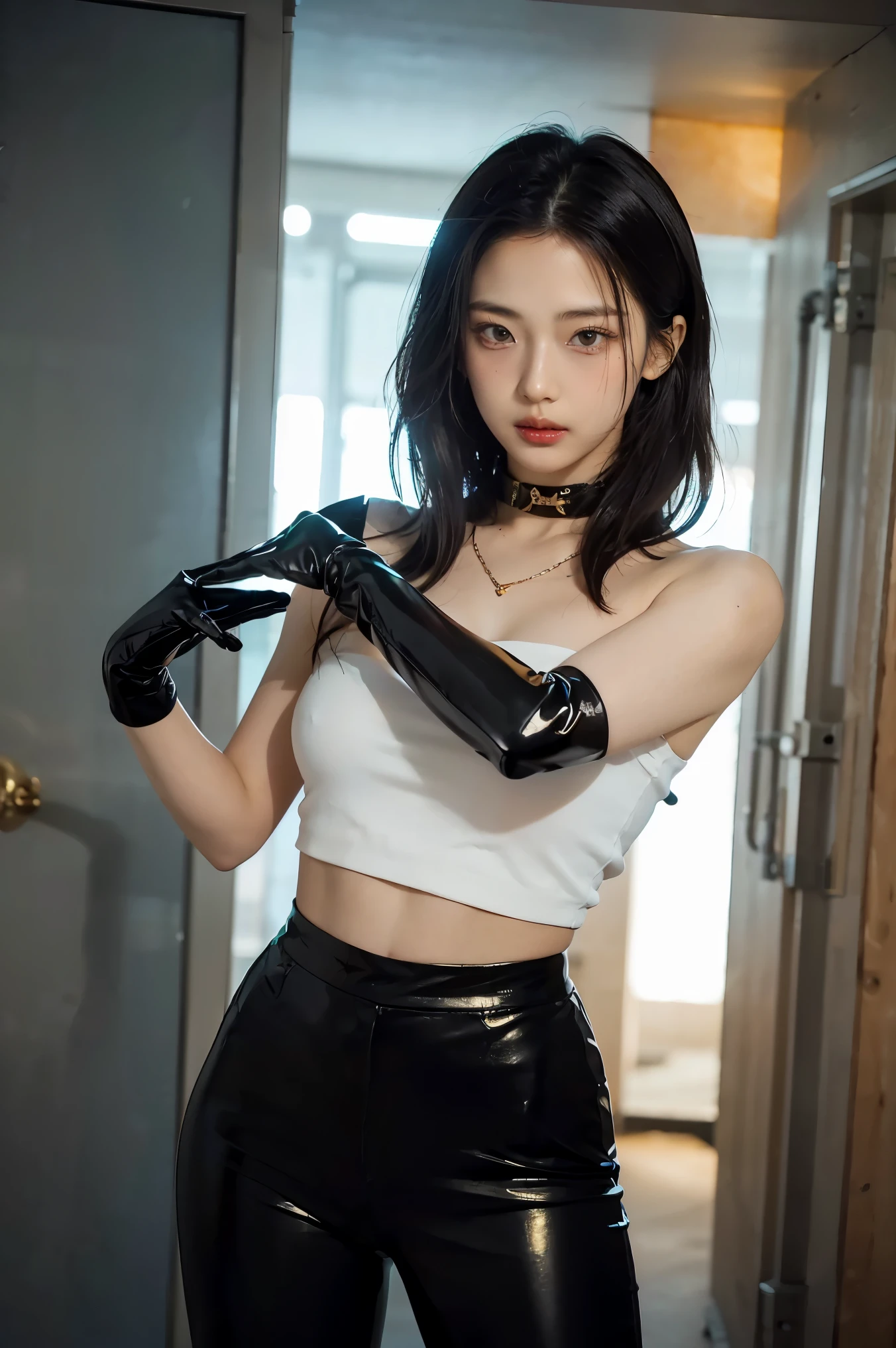 A petite, elegant woman in black hoodie with a strong, confident demeanor, standing approximately 5'2". She has shoulder-length black hair that flows gently around her face, almond-shaped eyes, and a soft, radiant complexion. She wears a sleek combat outfit (black hoodie and trousers), featuring ((Metallic gloves that glowing with a golden aura around them)), she assumes an offensive stance and(( puts her guard up)).