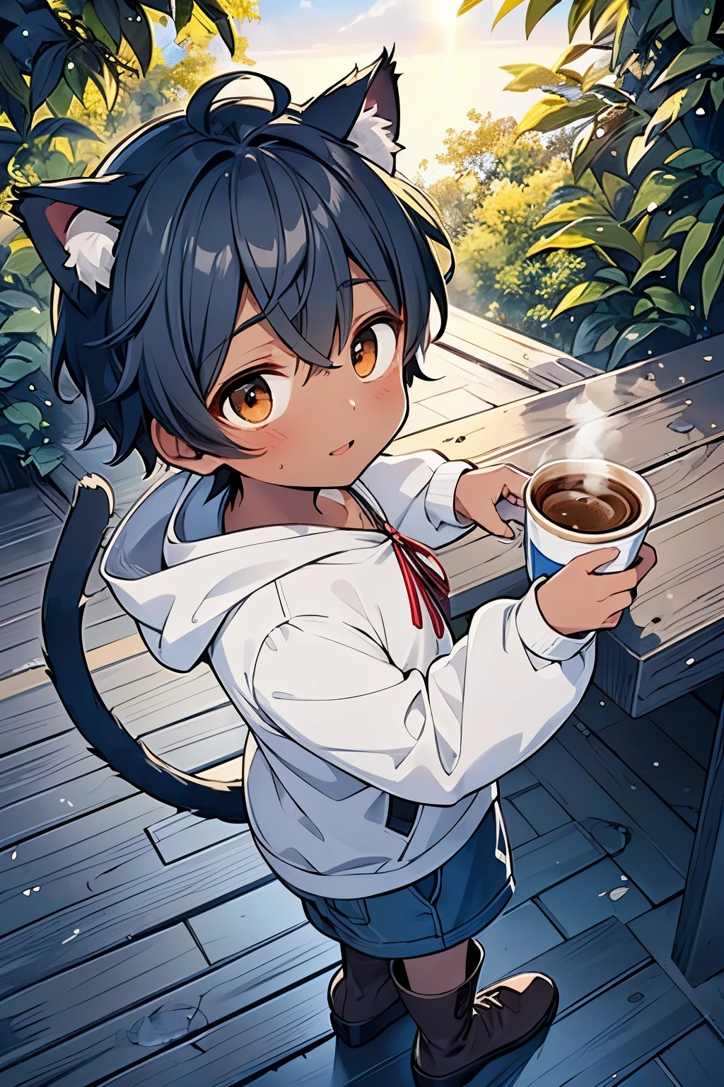 ((A boy:1.3)),((handsome:1.3)),((solo:1.3)),((black hair:1.25)),((short hair:1.25)),((brown eyes)),(light step:1.0),(beige long sleeves cat ears hoodie:1.1),(long sleeve lace-shirt:1.1),((holding Coffee cup:1.2)),(outstretched arms:1.1),//,((stripe pattern background:1.1)),(looking viewer:1.0),(open your mouth:1.1),(open to mouth:1.0),smile,(top view:1.0),((platform boots:1.0)),((dark skin body:1.35)),((ribbon body wrapping:1.0),((cat tail:1.2)),(close up face:1.0),((morning sun:1.1)),