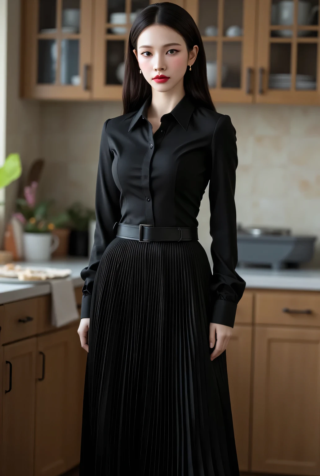 Meimei 2, 1 Female, ponytail, Black Shirt, tie, High Waist Skirt, button, Long skirt, Very beautiful face, Realistic, Detailed face, Sharp eyes, Narrow eyes