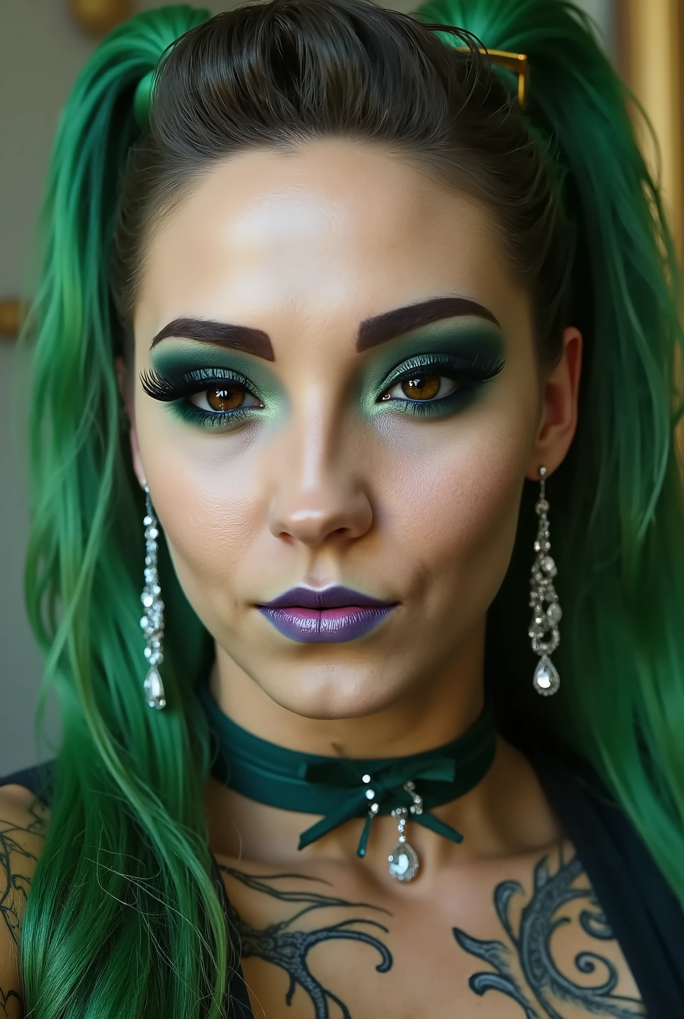 incredibly long and voluminous eyelash extensions, the girl smiles mysteriously , bright green makeup , green hair hair , two hair tails, diamond earrings , Gryffindor sorceress costume, blue lips