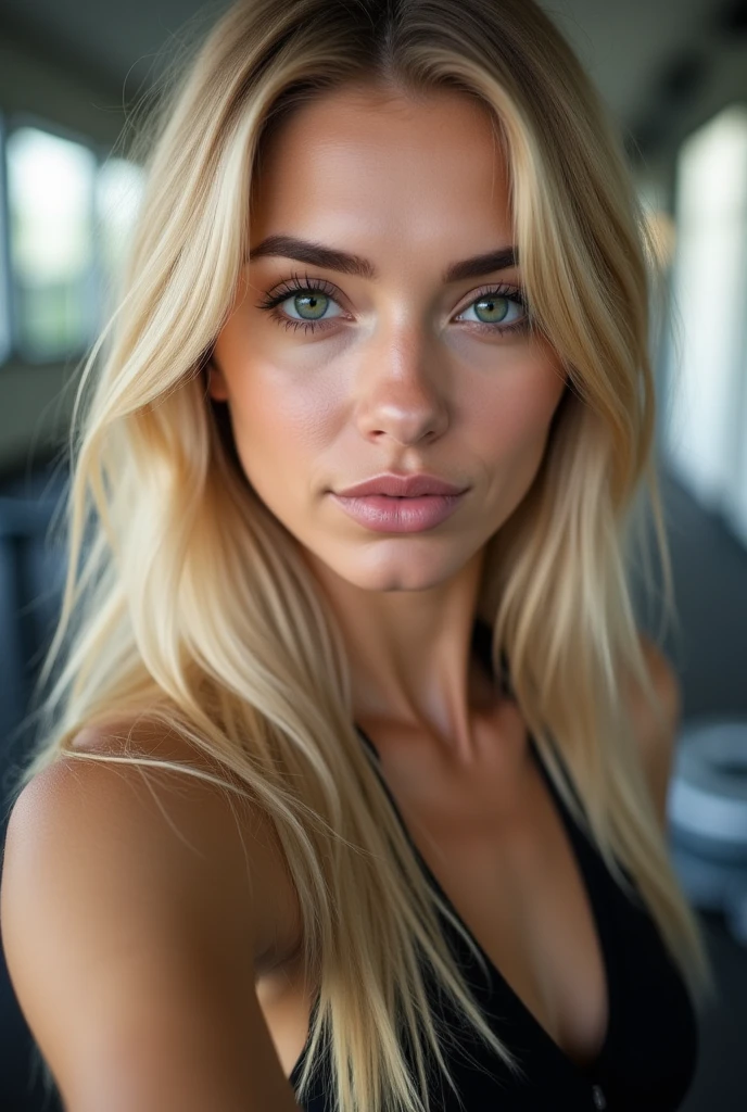 beautiful detailed eyes, beautiful detailed lips, extremely detailed eyes and face, long eyelashes, 1 girl, full body, young blonde woman with long hair, in a german gym, wearing sport shorts and a top, people in the background, sharp background, best quality, 4k, 8k, highres, masterpiece:1.2, ultra-detailed, realistic, photorealistic, photo-realistic:1.37, HDR, UHD, studio lighting, ultra-fine painting, sharp focus, physically-based rendering, extreme detail description, professional, vivid colors, bokeh, portraits