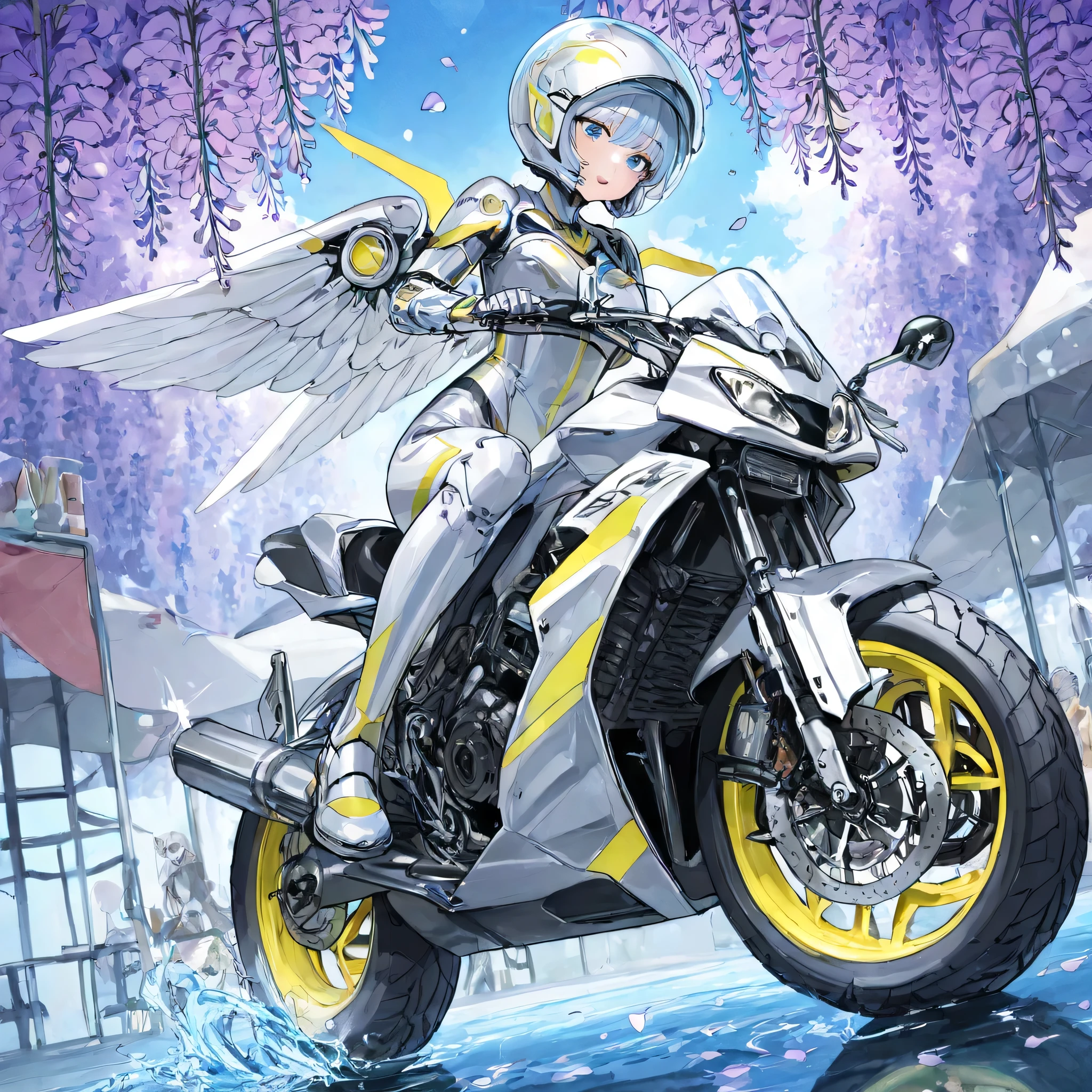 realistic、high resolution、1 、droid、Mecha Maiden、Machinery Parts、droidジョイント、single mechanical arm、mechanical body suit、mecha corset、White mechanical body、cute girl riding a future bike、Riding an atomic bike with an atom mark、future engine that opens automatically、engine with a transparent water cooling tank、Spewt steam、A light blue water-cooled hose is connected from the engine to the muffler、girl in a mechanical suit、Wear a mechanical suit with wings、 clear 、cute girl wearing a round glass helmet、Spaceship helmet、 blue eyed girl 、large metallic yellow engine、Cafe Racer Type Motorcycle、white, red, and blue metallic bike、tire wheels are metallic、tire rubber is white色、tire rubber is white、yellow neon glows on a motorcycle engine、round fishbowl in the back seat、metallic side mirror、large metallic fog lights、4K、Superb image quality、advanced details、high image quality、2Danimation、anime、Sparkly bike、Wisteria flower background、Amusement park background、petals dance、Water puddles that have accumulated on the lawn are reflected、high resolution big spaceship floats in the sky、high resolution spaceship、 fantasy、SF