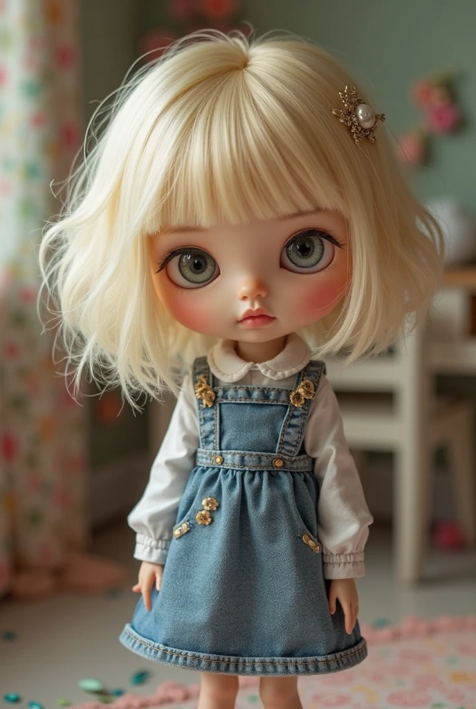 make a blythe doll, with bangs and short, slightly fluffy wavy hair, also that rock, who likes soft makeup and dresses feminine, be white skinned
