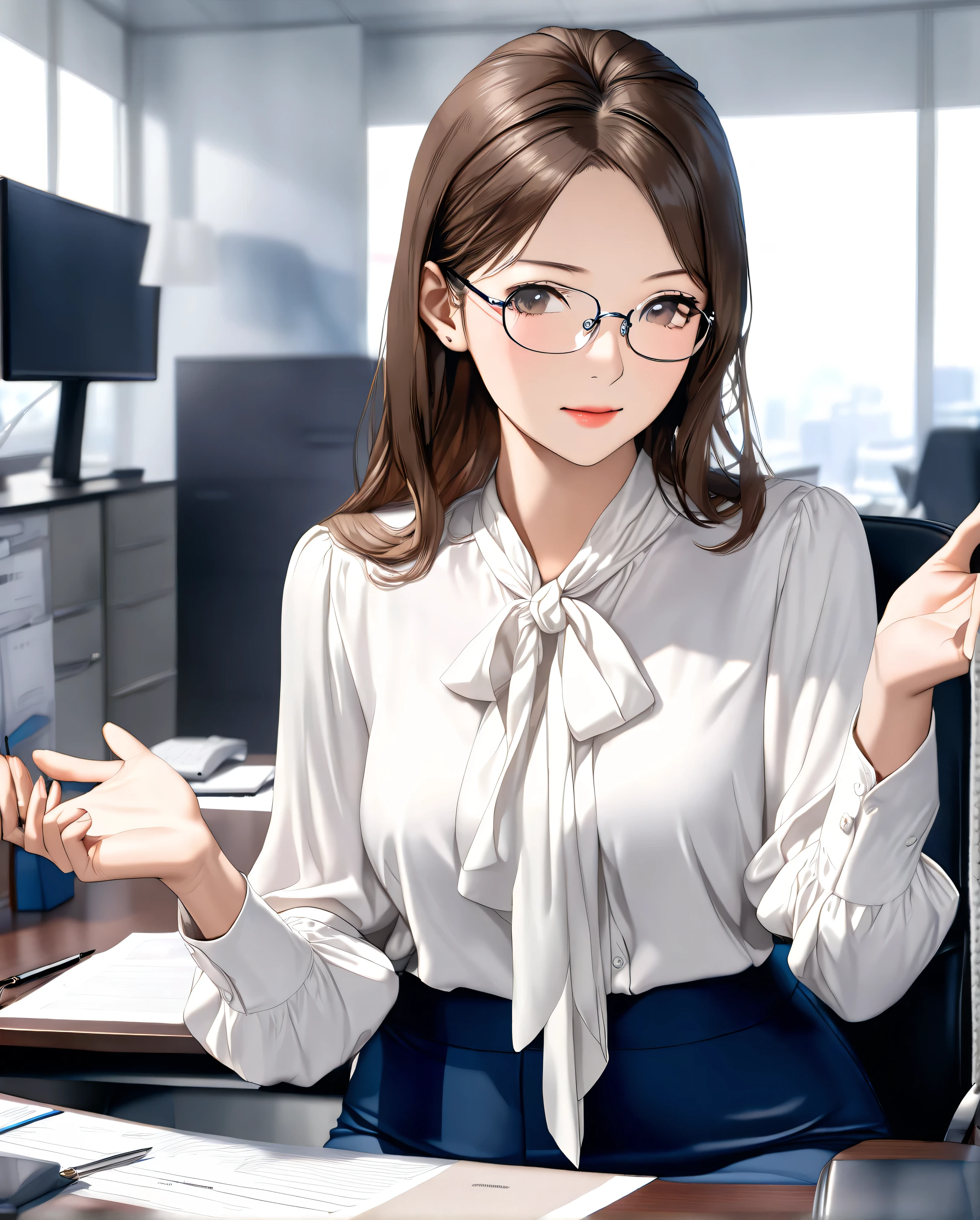 bow blouse, anime - style image, a woman sitting on a chair in the office room, (((A woman wearing rimless glasses))), Short cuffs, Realistic body structure, A body with perfect style, (((A pose with arms spread wide))), (((classical and office style Soft material shiny white tie-neck blouse))), (((Slightly dull white office style classical tie neck))), seductive anime girl, 8k, Score_9, Score_8_up, Score_7_up, realistic office lady, Soft material long sleeves blouse with a regular cuffs, regular sleeves, A realistic Soft material blouse, realistic tie-neck, fine details, a couple tie neck, A tie-neck in the same color as the blouse, Slightly dull white bow tie, attractive anime girl, Symmetrical ribbon, hyper-realistic office lady, smooth anime CG art, beautiful anime office lady, The bow tie is meticulously tied in a perfect, bow tie with large loops ribbon, the ribbons are slightly curled at the ends, The knot of the bow tie is meticulously detailed, showing the intricacies of its construction, Subtle shadows define the contours of the bow and the delicate folds of the ribbons, anime visual of a cute 26-old woman, navy blue mini tight skirt from H&M, the tight skirt non-glossy polyester, soft lighting, There is no color other than navy blue in the skirt,