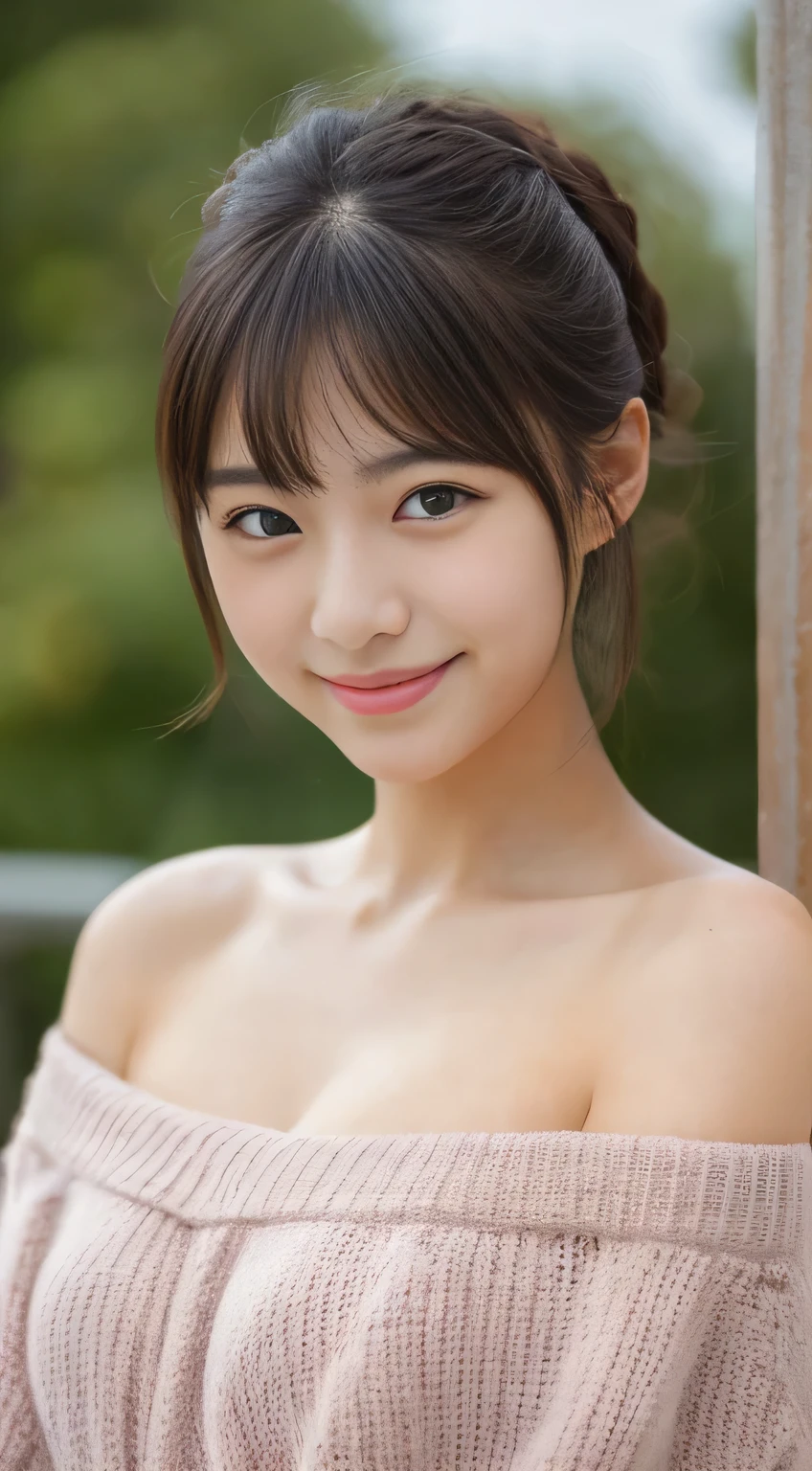 masterpiece,best quality,(Japanese girl),((Beautiful girl)),cleavage,(off shoulder:1.2),(perfect body beauty:1.2),(shy smile),From slightly above