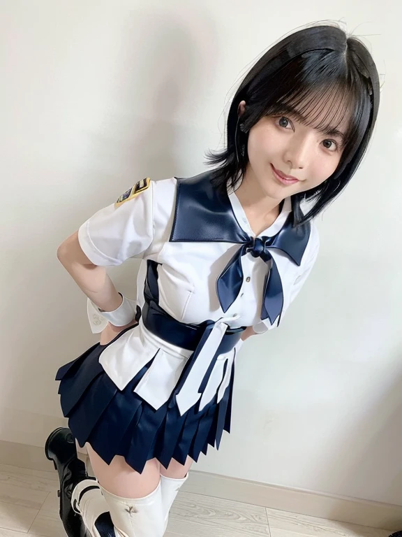 (masterpiece, Highest quality:1.2), full body shot, Sailor student uniform model, One girl, middle hair, alone, ((arms behind back)), Locked in the dungeons of the castle