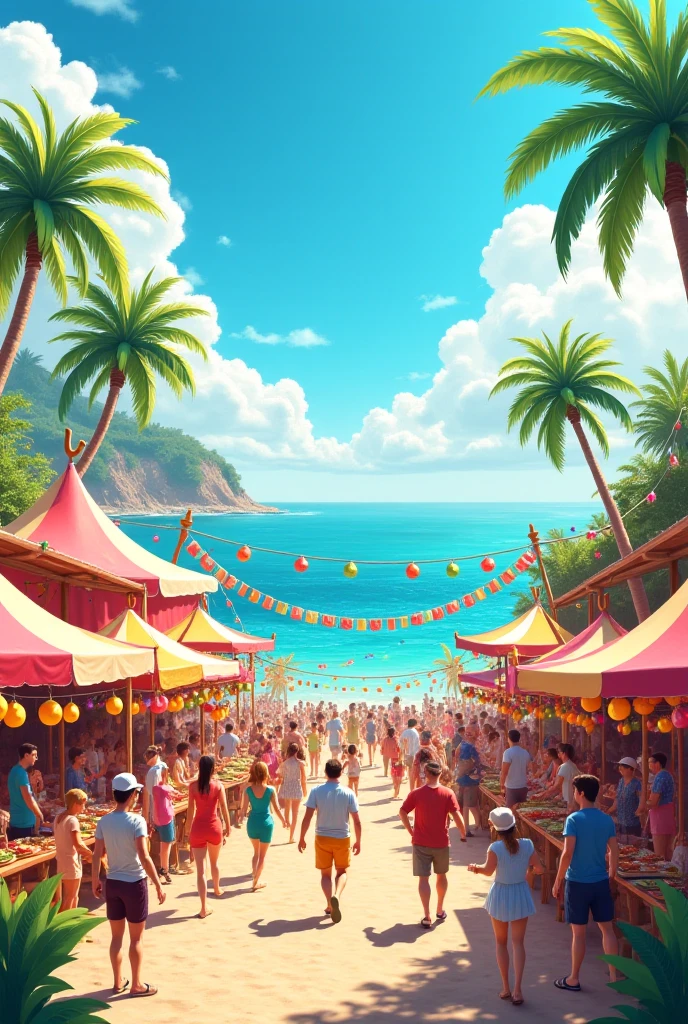 Animated characters and people enjoying vibrant and creative beach on sunny golden beach, Colorful beach umbrellas sparkle in the sun, Mickey Mouse driving a racing car, Trend-setting decorations and Disney splash art from Polycount adorn the coast, The appearance of big-name figures such as Chengdu Fatty and artificial beach elements add to the summer atmosphere. Decorative elements such as shell-shaped cookies are neatly arranged in a wicker basket, Describe the scene in detail, Get creative and personalize with licensed commercial images and artistic illustrations from the visual content platform, Popular color schemes captured with Lightroom Preset Cinematic Color LUT presets, intricate details.

