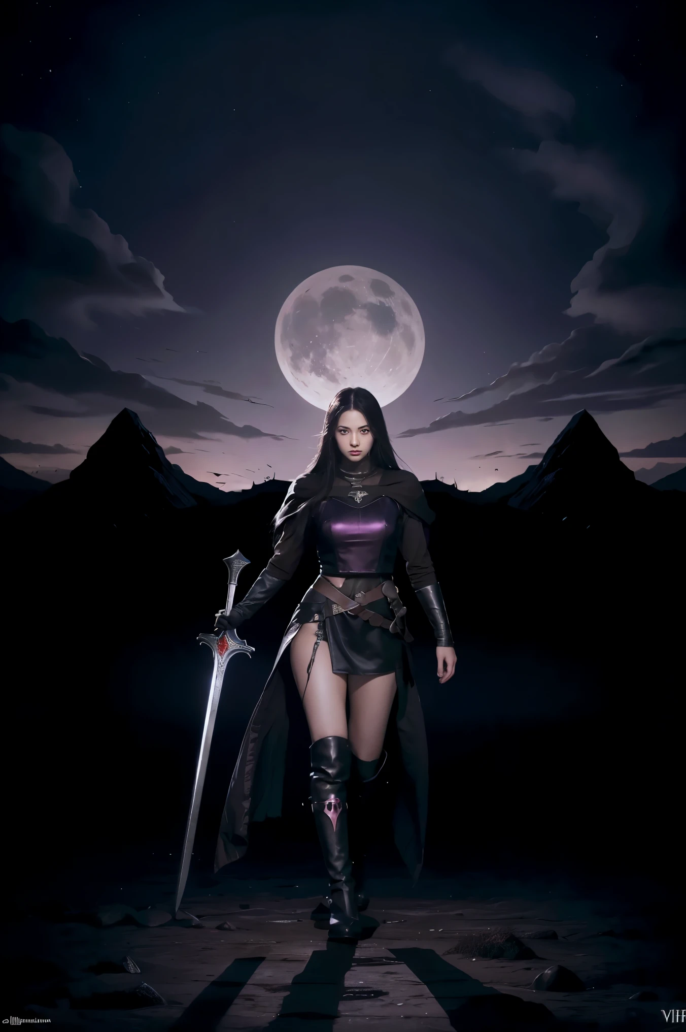 dark souls, black sun, boss battle, epic sword in hands full body 1girl, solo, very cute, beautiful, long hair, purple eyes, cute, night, dim lighting, looking at viewer detailed background