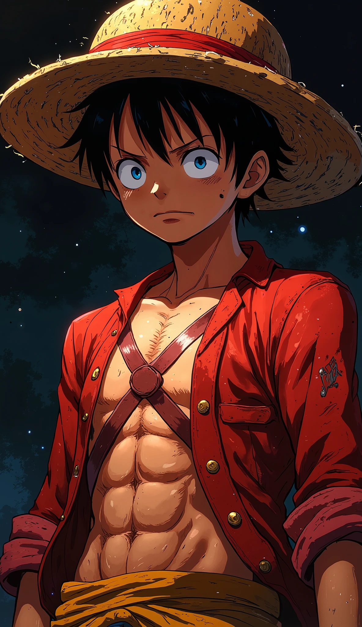 Monkey D. Luffy, one piece anime, X-shaped scar on his chest, Straw Hat, symmetrical body, portrait, cinematic lighting, high contrast, artstation, character concept art, 8k