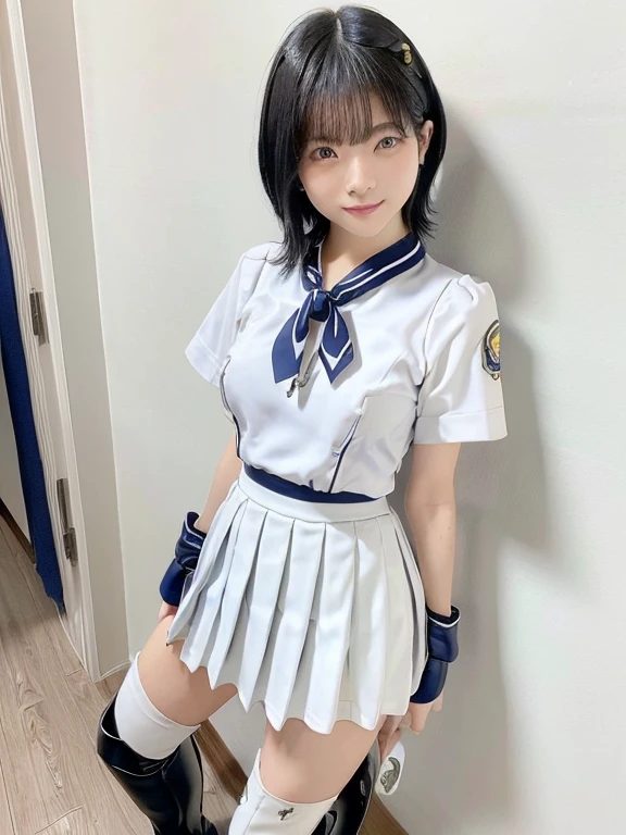 a girl, black short hair, posing ?????, Ayane from Dead or Alive, white panties, long socks, school shoes, shine breast, glow thigh, school uniform, (nsfw) not safe for work, fear and ashamed expression