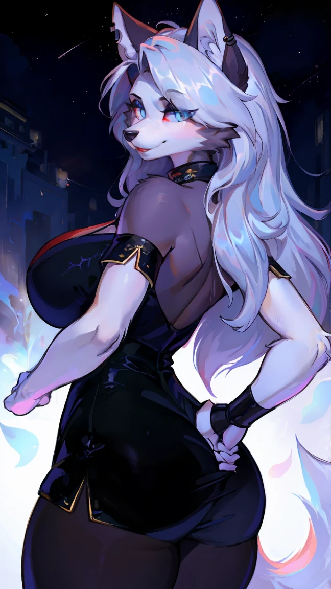 cute,furry_girl,wolf_girl,Elegant figure,Model's body_type,detailed_eyes,silver_hair,cute_ears,wolf_ears,black robe,leggings,fluffy_furs,earrings,upper body,stocking with garterbelt,neck garter,(perfect detailed eyes:1.5),jewelry, blank eyes,brooch,smiling,(front:1.5),(furry:1.5),long lashes,flowy chiffon,well-proportioned figure,(thick thighs:1.1),perfectly high-detail facial features,(perfect detailed eyes:1.5),silky long hair,masterpiece, best quality, Ultra-high quality, Ridiculous details,(best quality,4k,8k,highres,masterpiece:1.2),ultra-detailed