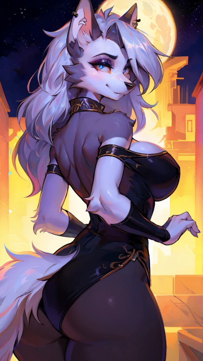 by bebebebebe, by lostgoose, by mellonbun, by spuydjeks, solo, female, standing, ((snout, hair, hair, canine, grey striped hyena)), detailed eyes, german city, ((designer clothes, versace, cleavage)), turtleneck