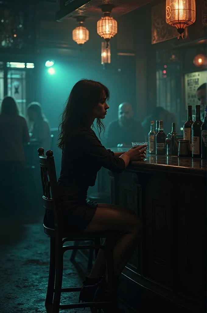 a charming woman with a dangerous look enters a bar of a space station full of pirates and bounty hunters, the atmosphere is gloomy and smoky, the local and dirty and slimy, Unity, (Glowing ambiance, enchanting radiance, luminous lighting, ethereal atmosphere, mesmerizing glow, evocative hues, captivating coloration, dramatic lighting, enchanting aura),