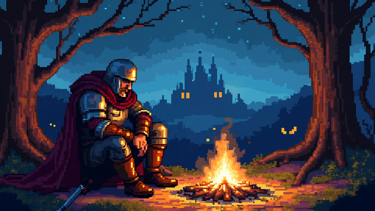 "A pixel art scene depicting a battle-worn warrior sitting in front of a crackling campfire, resting after a long journey. The warrior wears a rugged, slightly dented steel helmet, a tattered cape, and leather armor with scratches from past battles. His sword is planted into the ground beside him, glinting in the firelight. The warm glow of the fire contrasts with the dark, eerie forest surrounding him, where twisted trees and faint glowing eyes hint at lurking dangers. The pixelated stars shine above, and a distant medieval castle silhouette is barely visible in the background, adding to the fantasy RPG atmosphere. The scene has a rich color palette, with warm orange and yellow tones from the fire blending with the cool blues and purples of the night."