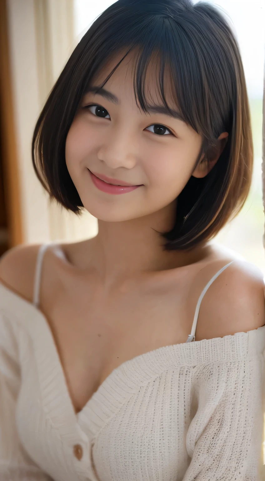 masterpiece,best quality,(Japanese girl),((Beautiful girl)),cleavage,(off shoulder:1.2),(perfect body beauty:1.2),(shy smile),beautiful teeth,From slightly above