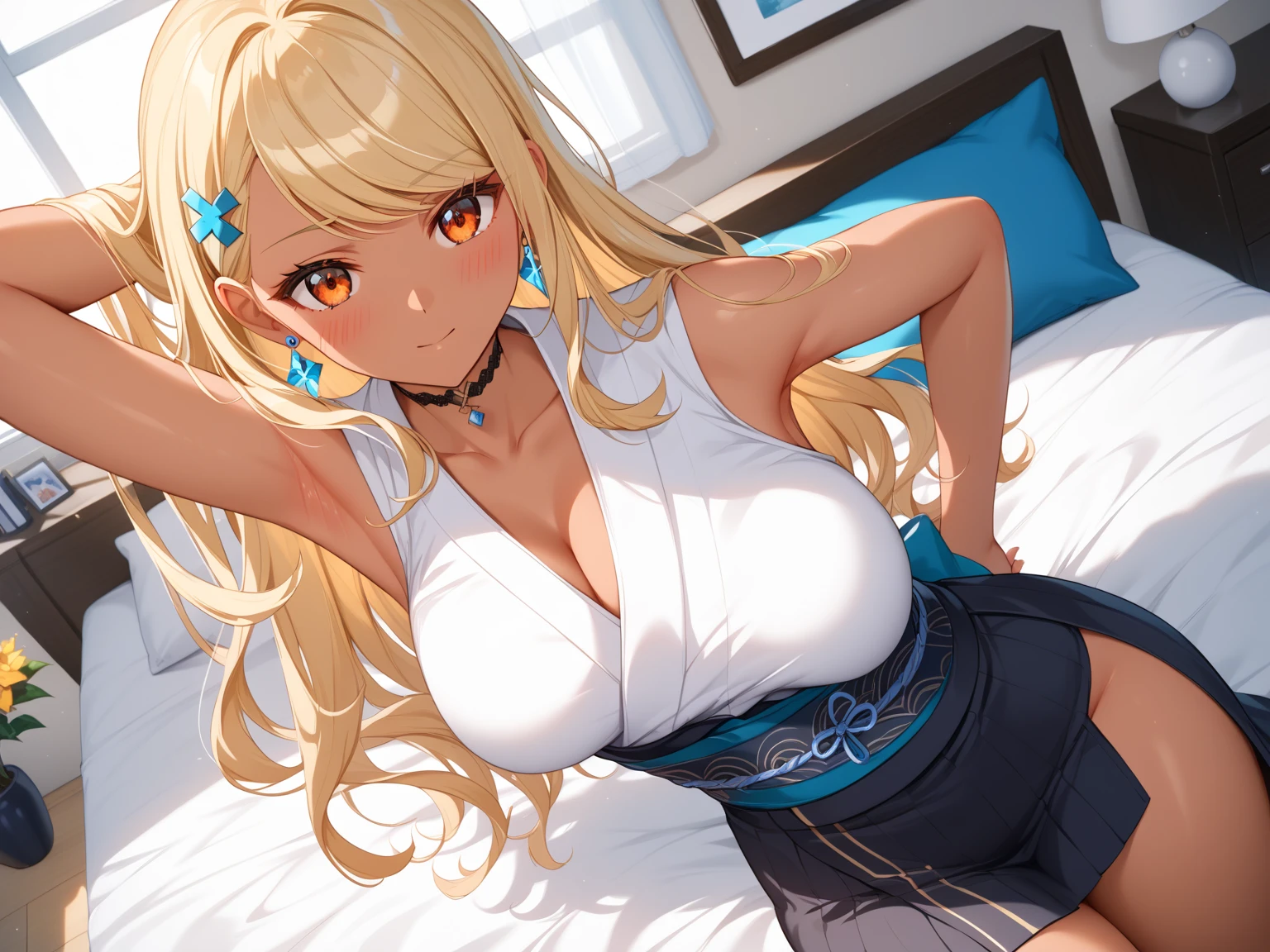 masterpiece, best quality, highres, kashiwazaki sena, butterfly_hair_ornament, blonde hair, long hair, large breasts, aqua eyes, 1girl, solo, bangs,crop top, short jeans, cowboy shot, smile, sexy pose, bed, bedroom, pillow, window, sitting, sitting on bed, looking_at_viewer, cleavage,
