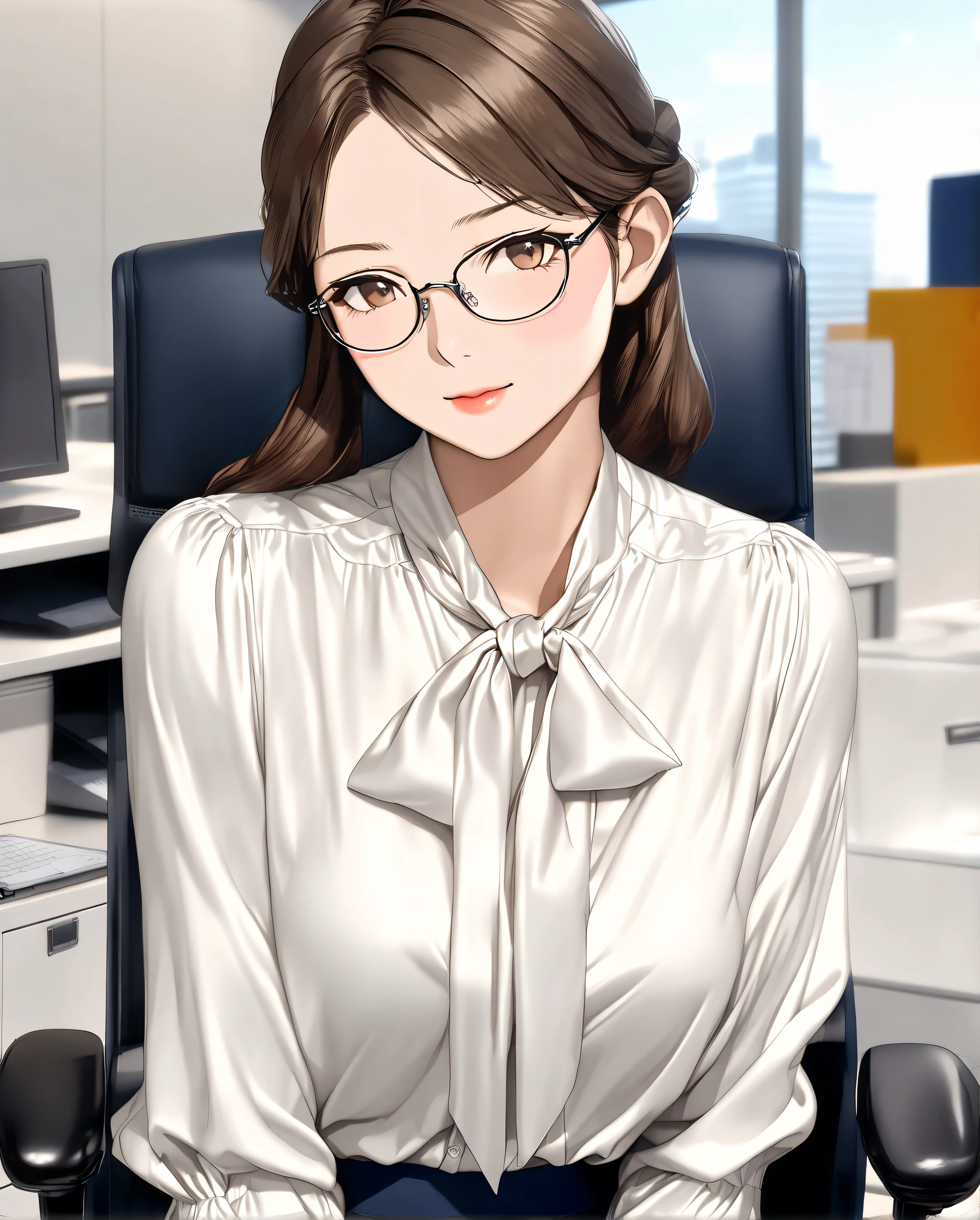 bow blouse, anime - style image, a woman sitting on a chair in the office room, (((A woman wearing rimless glasses))), Short cuffs, Realistic body structure, A body with perfect style, (((A pose with arms spread wide))), (((classical and office style Soft material shiny white tie-neck blouse))), (((Slightly dull white office style classical tie neck))), seductive anime girl, 8k, Score_9, Score_8_up, Score_7_up, realistic office lady, Soft material long sleeves blouse with a regular cuffs, regular sleeves, A realistic Soft material blouse, realistic tie-neck, fine details, a couple tie neck, A tie-neck in the same color as the blouse, Slightly dull white bow tie, attractive anime girl, Symmetrical ribbon, hyper-realistic office lady, smooth anime CG art, beautiful anime office lady, The bow tie is meticulously tied in a perfect, bow tie with large loops ribbon, the ribbons are slightly curled at the ends, The knot of the bow tie is meticulously detailed, showing the intricacies of its construction, Subtle shadows define the contours of the bow and the delicate folds of the ribbons, anime visual of a cute 26-old woman, navy blue mini tight skirt from H&M, the tight skirt non-glossy polyester, soft lighting, There is no color other than navy blue in the skirt,