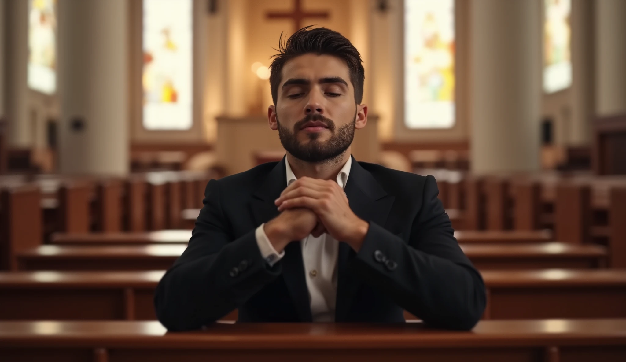 A handsome man with well-groomed hair and a neatly trimmed beard, wearing a black suit, sitting on a wooden church pew in a grand cathedral. He is deeply engaged in prayer, his hands clasped together, eyes closed, and a serene yet intense expression on his face. The church interior features long rows of polished wooden pews, tall white columns, and a softly glowing altar in the background. Warm natural light filters through large stained-glass windows, casting a peaceful glow. The image is high resolution and highly realistic, capturing fine details such as the texture of the wood, the softness of the lighting, and the depth of the man's contemplative expression