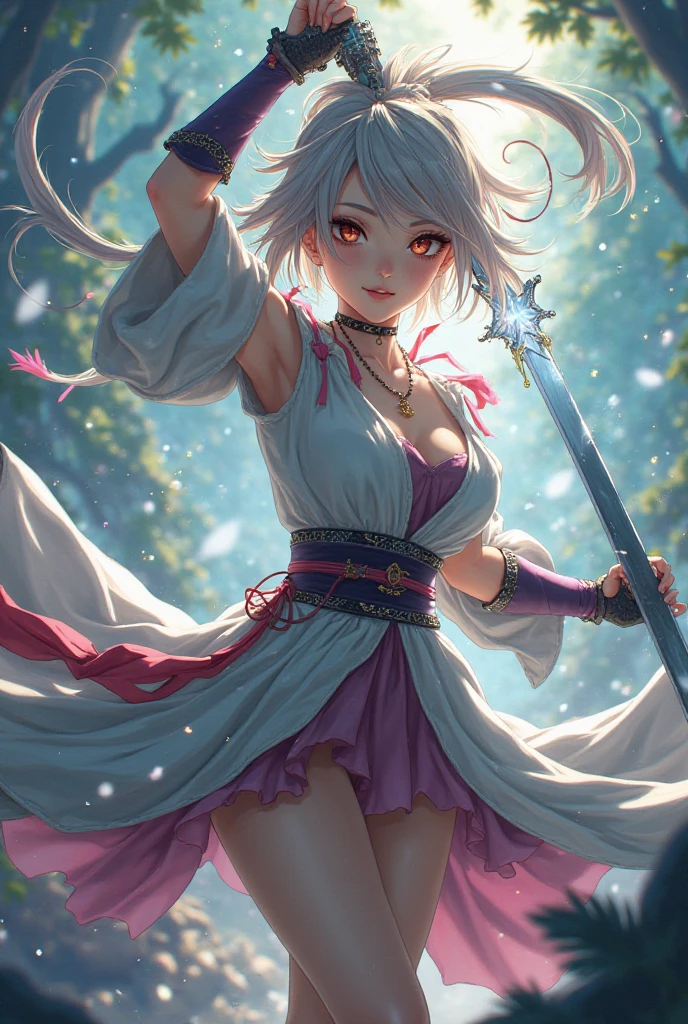 nsfw:1.1, high resolution:1.7, incredibly absurdres, kawaii:1, cute:1.5, hires.fix,anime visual:1,incredibly fine illustration,8k,masterpiece:1.2,best quality, high quality, exquisite, beautiful,insanely detailed, intricate detailed, extremely detailed, Super Definition,ultra high res, Super Resolution, best aesthetic, ultra detailed:1.5,best quality, perfect face, detailed face, masterpiece:1.2, illustration:1.2, 8k cg wallpaper, stunning art,absurdres,octane render,ultra hires,
Japanese Actress,(Idol),18yo,Beautiful,(Cute and lovely),cute girl,((anime elf with extremely cute and beautiful silver hair)),((((silver single braid,ear breathing)))),intricate eyes,beautiful detailed eyes,symmetrical eyes,big eyes:1.5,enchanting bright green eyes studded with gold and silver dust,(((pinky and glowing_skin,shiny body))),upward breasts,waist slender,(detailed body,(detailed face)),cute,daring,zettai ryouiki,show skin,best relationship with four fingers and one thumb,Very Fine Face and Eyes,Very Fine Hair,(Perfect Anatomy),((girl trembling with sexual climax)),Garter Belt,Bare shoulders,Check out our thru-rack chokers and midi rings with chains,vibrant colors and smooth brushwork bangs, sidelocks, sharp eyes, 1 girl, solitary amidst the enchanted forest, her essence half-mythical. a tapestry of silver and amethyst,dances with the wind's gentle touch.hold the secrets of the stars.She wears a gown crafted from the moon's radiance, adorned with patterns of ancient runes that shimmer in the night's embrace.Close upperbody,dynamic Pose,cowboy shot,posing for a photo,looking at viewer,(front_view:0.8),(wide shot:1.2),cinematic lights,dark,highly,volumetric lighting,cinematic lights,(red fire:1.5), (holding white flame sword:1.5), (holding blue energy sword:1.3),(purple flame katana:1.3), (swing a purple flame sword:1.3),battle,fight,(action pose:1.3),(vengeful spirit come's attack), (vs vengeful spirit),(purple confetti:1.3)