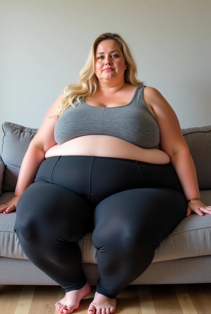 Full body, masterpiece, best quality, 1girl, the girl is obese, cellulite on the legs, large and very wide hips, (((USSBBW))), (((morbidly obese))), streched clothing, ((beautiful face)), ((detailed face)), sitting on the sofa, gray T-shirt and green long shorts