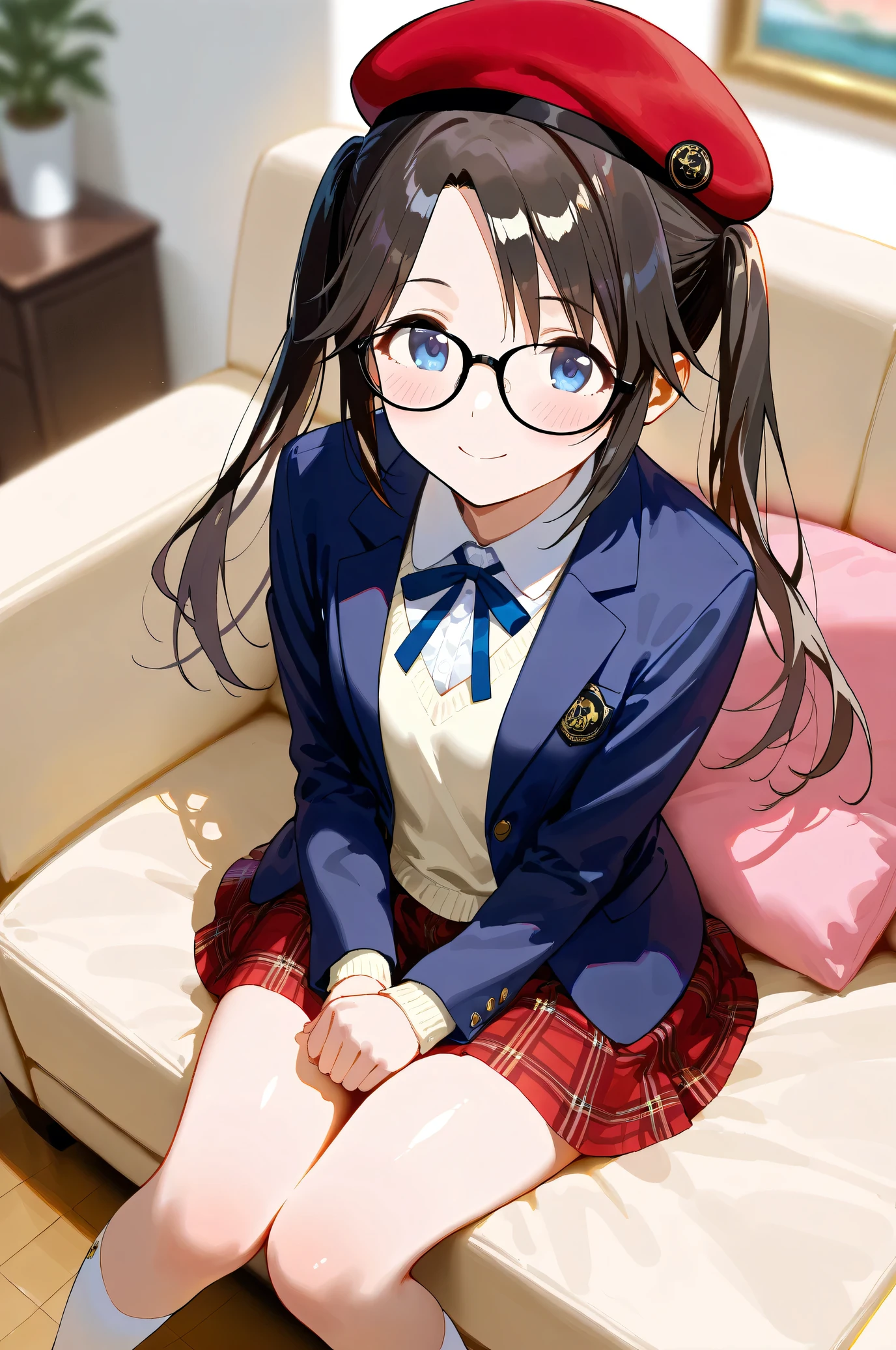 (Masterpiece), (Highest quality), (Very detailed),
(The best shape), (Best shadow), (Absurd),
(Detailed Background), (So beautiful), Shiny,
Beautiful eyes in every detail, Extraordinary, Countershading, 8k, 32K, High resolution,
Very Detailed CG, UHD,
Score_9, Score_8_up, Score_7_up, Source_anime,
(Pastel painting:1.2), (Watercolor painting:1.2),
(Masterpiece, Detailed:1.2), (Foreshortening:1.2),
Cinematic, Dramatic, (Depth of field:1.4),
(Blurry background:1.4), (Realistic background:1.4),
dynamic angle, dynamic pose, from above,
1 girl, Solo,
lndoor, Living room, Sofa, Light brown sofa, Cushion,
Mitsumine Yuika,
the idolmaster shiny colors,
yuikamitsumine, 1girl, solo, black hair, long hair, twintails, High twintails, blue eyes,
Casual wear,
Beret, Red beret, Glasses, Black framed glasses,
Blazer, Open blazer, Long sleeves blazer, Indigo blazer,
Cardigan,
Skirt, Mini skirt, Red skirt, Checkered Skirt,
Knee-high socks, white socks,
(Blush:1.3),
Smile, Happy, Lying on the sofa,
Focus on face,
Realistic skin,
Shiny skin,
