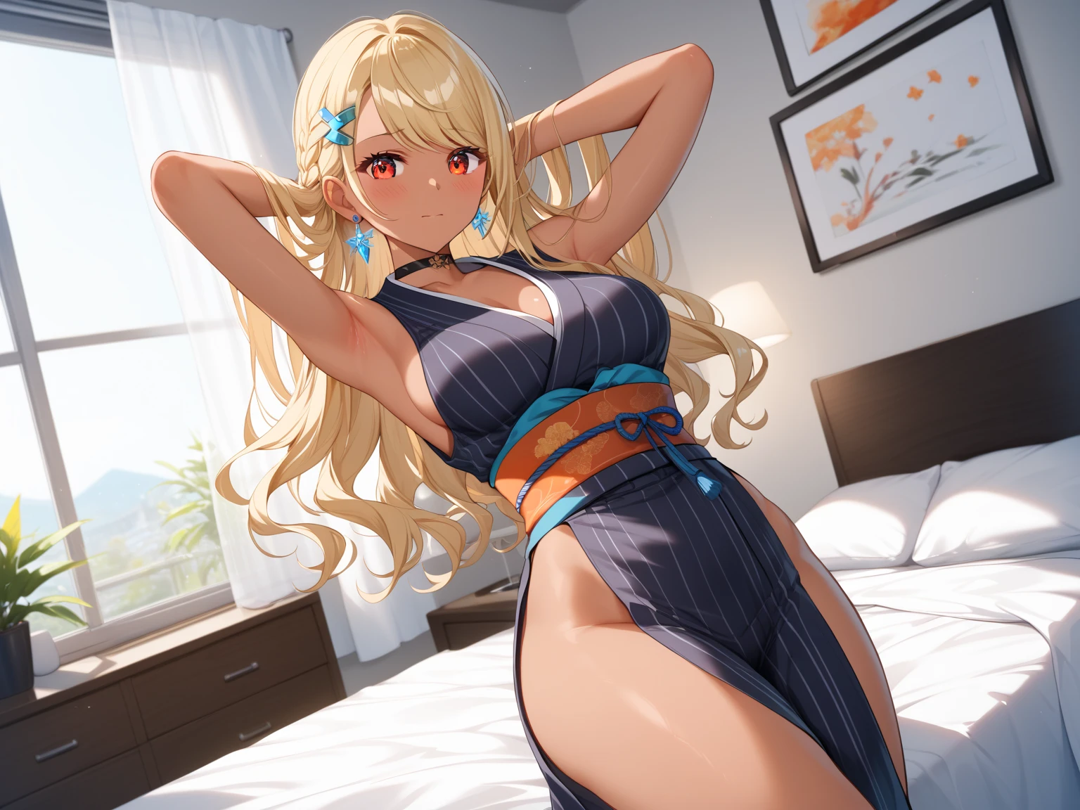 Masterpiece, high quality, kda ahri, ahri, fox hears, blonde, tight shorts, medium breasts, sexy, thick thighs, wide hips, blonde hair, posing, bedroom