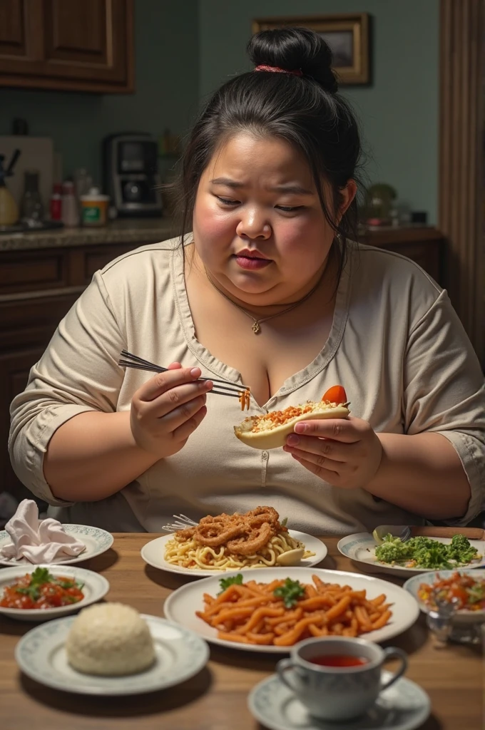 (melhor qualidade, Obra de arte, perfect lighting, florescer, cinematic lighting), vestido longo vermelho, cabelo preto, corar, cabelo curto, athletic night, volumetric lighting, Ada wong, olhando para o espectador, very fat, massive ass, fat belly, big , bbw, fat like a whale, se divertindo na mesa de comida, comendo