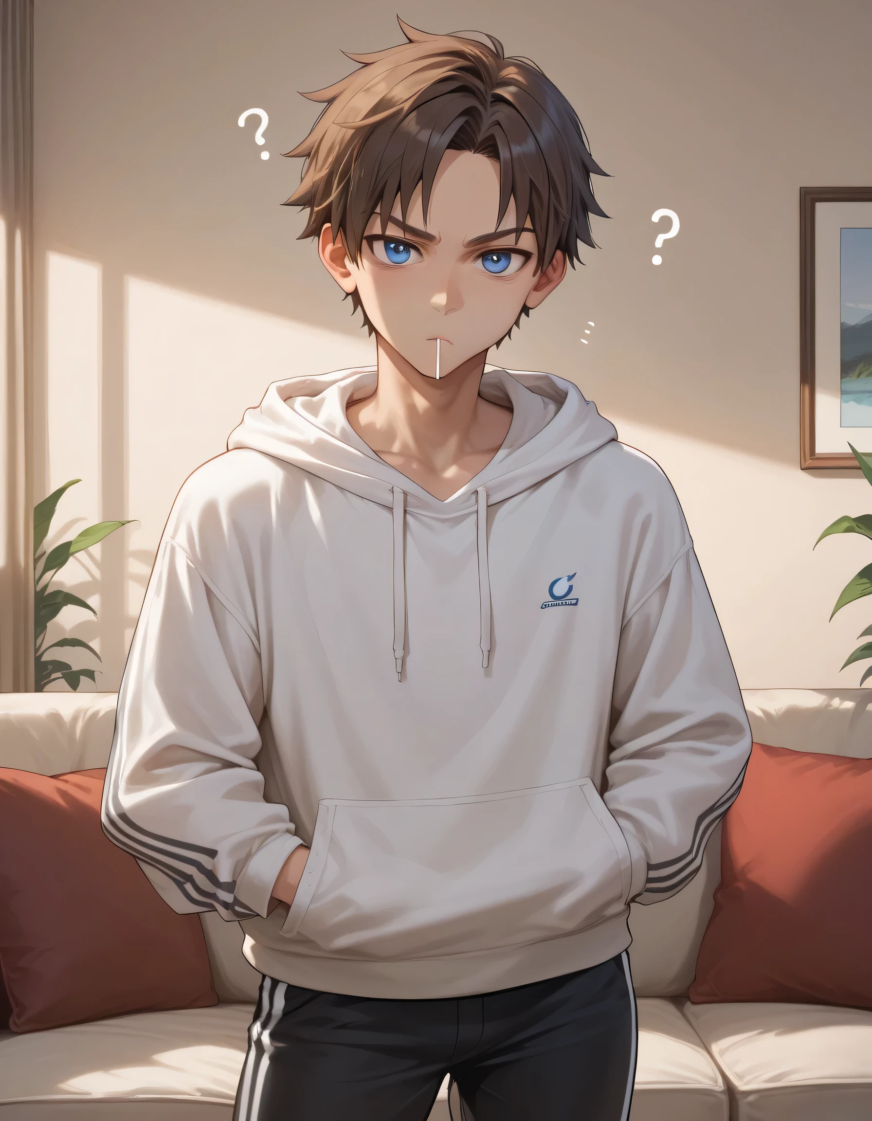 adult, male, adult, handsome, beige skin, tomboy, brown hair, short hair, hair on forehead, bright blue eyes, tall height, light curvy thighs, light curvy hips, thin waists, flat chest, light ass, skinny, detailed eyes, detailed face, detailed body, adult, detailed living room, detailed eyes, make up, looking at viewer, evening, solo, white oversized hoodie, black pants, leaned back against the wall, head tilted to the side, caml, confused, sucking lollipop, lollipop in hand, relaxed