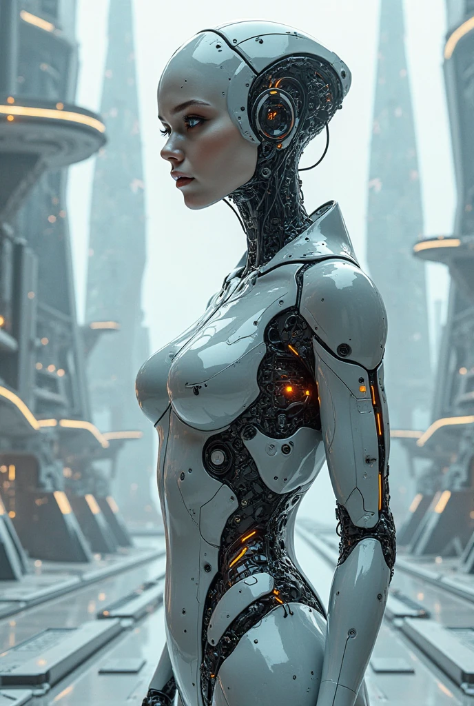 (masterpiece, top quality: 1.3), (super detailed: 1.3), (very detailed CG illustration), (very delicate and beautiful), from the side, cinematic light, (1 mechanical girl), solo, whole body, (machine-made joints), mechanical limbs, blood vessels connected to tubes, mechanical vertebrae attached to the back, (mechanical cervical attached to the neck), sitting, wires and cables attached to the neck and body, character focus, science fiction, RAW photography, movie masterpieces, majestic magnificent magnificent composition, sci-fi city, (movie scene), full shot, spectacular dynamic frames, motion blur, sci-fi, cyber, (((Siennatic Look))), rim light, film grain, natural skin texture, 24mm, 4K texture, (perfect body, skinny, slim), ((Camelto: 1.3)),