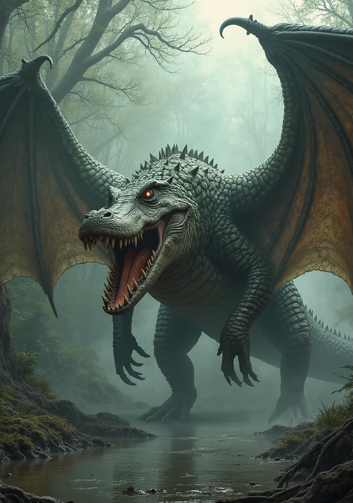 "Imagine a gigantic hybrid monster, with the body of a crocodile and the wings of a giant bat. Their skin is thick and scaly,  in shades of green and brown , with spines along the back. The enormous crocodile mouth is filled with sharp teeth, and the glowing eyes of a bat They have an intense red tint. Its membranous wings are large and black, with visible veins, allowing the monster to fly with agility. The front legs have sharp claws, while the rear ones have membranes between the fingers for flight. The tail is long, covered in hard scales,  and ends in a sharp tip . It emerges from a shady swamp, with mist creeping around and twisted trees, creating an atmosphere of terror and power."