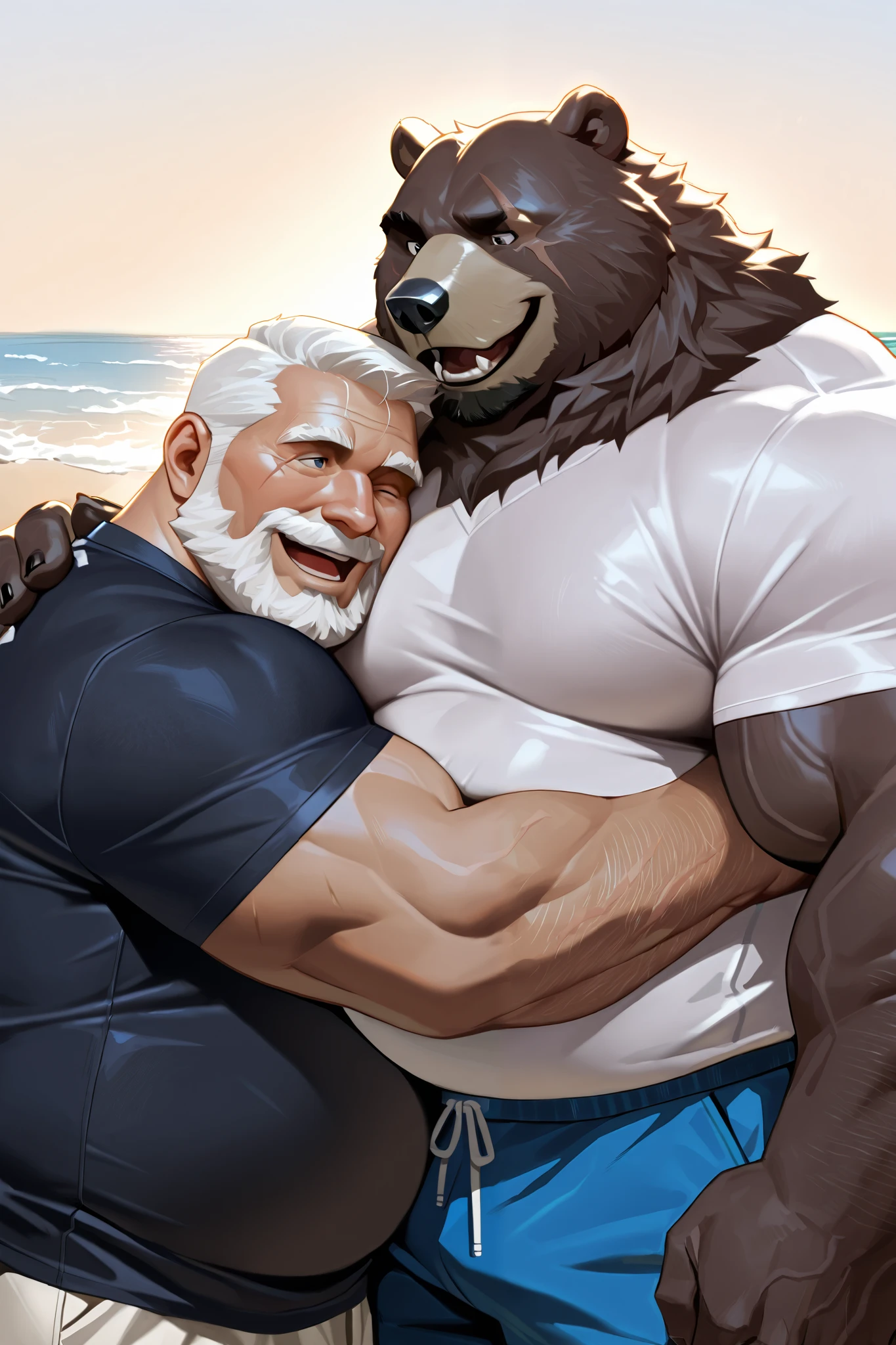 duo, 2boys, muscular, ben bigger, chubby belly, shorts, tshirt, hug, face on pec, a guy (male human, old man, old, muscular, lean on ben pectoral), Bear Boy, Scar on Eye, Ben Bigger, beach, detailed face, happy, open mouth, detailed eyes, wide shoulder, thick arms, wide pectoral, muscle, short hair:1.2, detailed eyes, focus eyes, shirtless, masterpiece, semirealistic:1.2, high detailed, 8k, high resolution