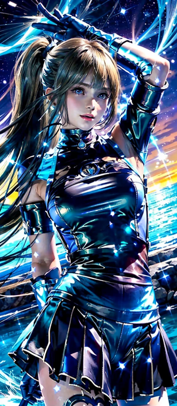 Sky, Field, Wheat, K/Da All Out Seraphine), League of Legends, K/Da \ (League of Legends), 1Girl, Solo, Aqua Green Hair, Gradient Hair, Colorful Hair, Blue Eyes, Lips, Long Hair, Long Ponytail, Ponytail, Earrings, Jewelry, Armbands, Bracelet, Ice Wing, Blue Dress, Layered Clothes, Black Skirt, One Shoulder Bare Shoulder, Stockings