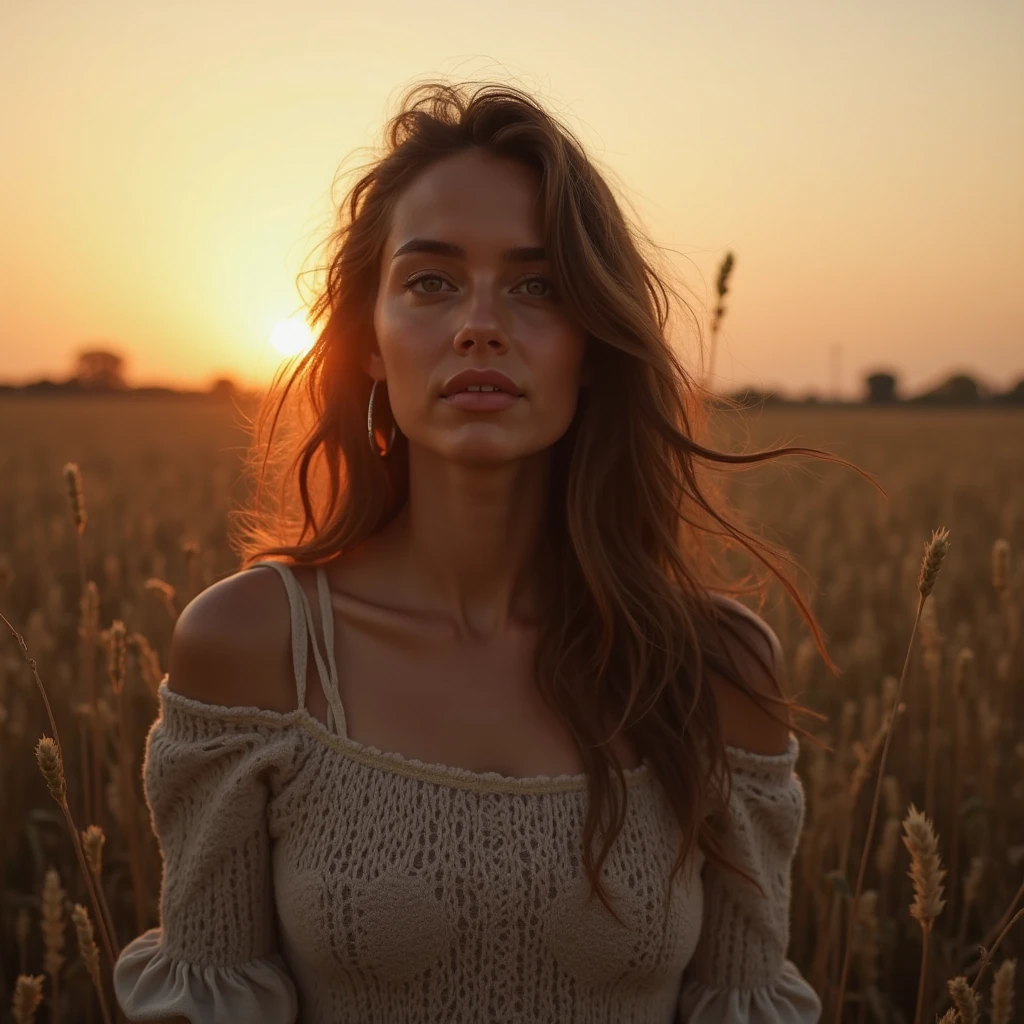 generate a 21 year old young woman with dark brown hair, medium size chest, A still from an aesthetically pleasing standing against a red wheat field, in a close-up shot with a minimalist, aesthetic style. The image has a grainy film filter, warm colors, and soft lighting, showcasing a fashionable, minimalistic look