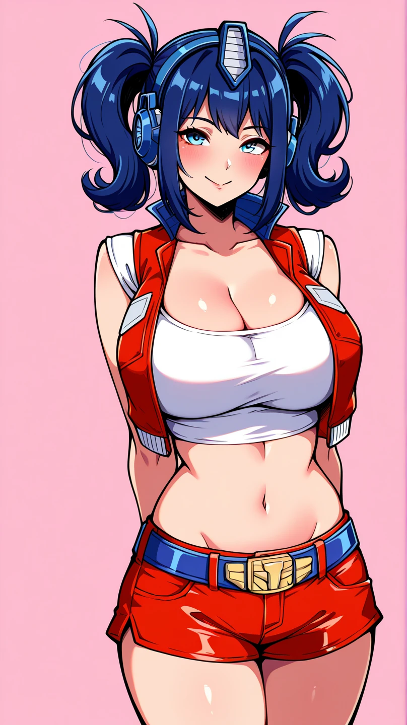 1990s, (masterpiece), high-definition, detailed face, girl, abs, (big tits: 1.4) big hips, messy (dark purple and blue hair), orange eyes, grey turtleneck sweater, jacket, (red tight skirt: 1.3), belt, (thong: 1.4), thigh high stockings, boots, fishnet, city, selfie