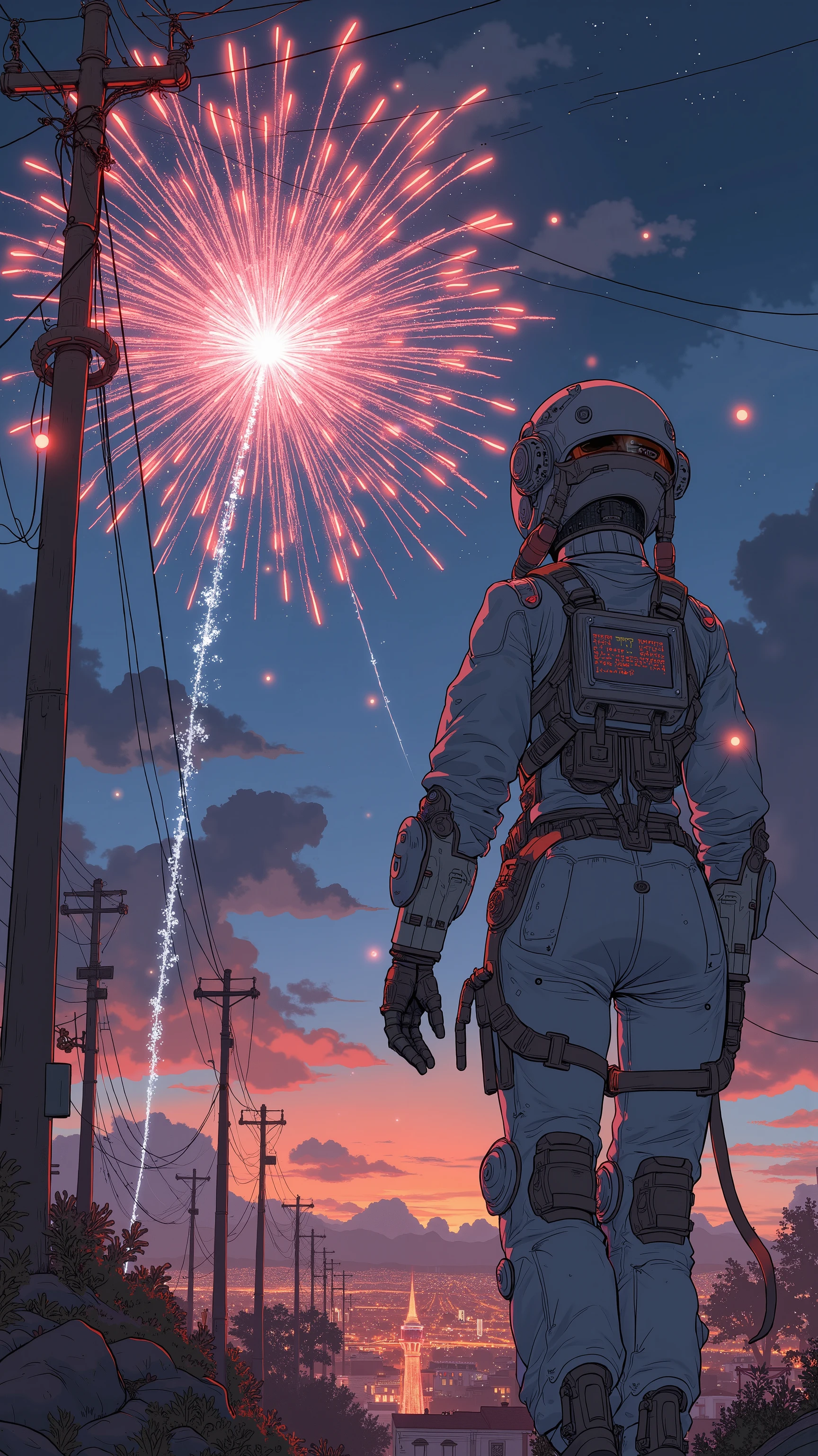 Woman in a spacesuit holding incense fireworks with lots of light in the background, pictures:Nico Henrishon, pexels, Light and Space , Incense sticks Fireworks , magical , les with full throttle in the air, les with full throttle, Fireworks , les with full throttle, Circuit that emits, flying, beautiful images, , light les with full throttle, les with full throttle all around, fire 、 long exposure 、 shot with a fisheye lens long exposure 、taken with a fisheye lens with futuristic lights、futuristic girl in a highly transparent spacesuit,futuristic girl in a highly transparent spacesuit、colorful light emitters、