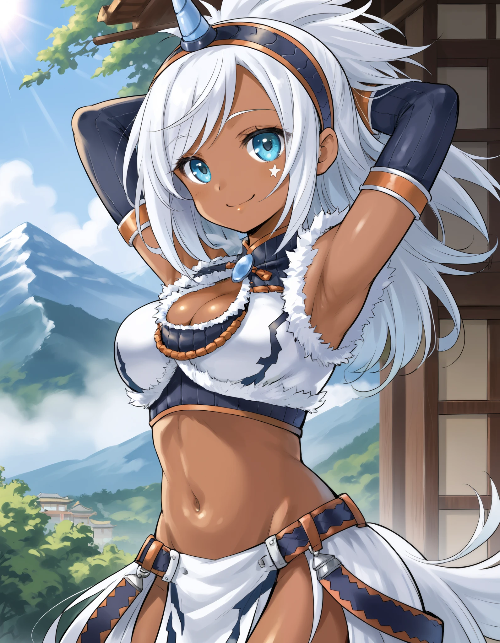 best quality, integrated scenery, integrated background, extremely delicate and beautiful, meticulous details, good composition, , cute face, perfect face,( score_9:0.9), score_8_up, score_7_up,rating_safe, anime style,(zPDXL), Armor , ung_girl, Alone, single_purple_horn Hairband, Blue Eyes, , belly button,large_breasts, white loincloth, white kimono sleeve , smile, mountain background, monochrome,  white bandeau, armpit,raise_arm,(abs:0.6),smile,spiky_bangs,sunlight,dark_skin,oil