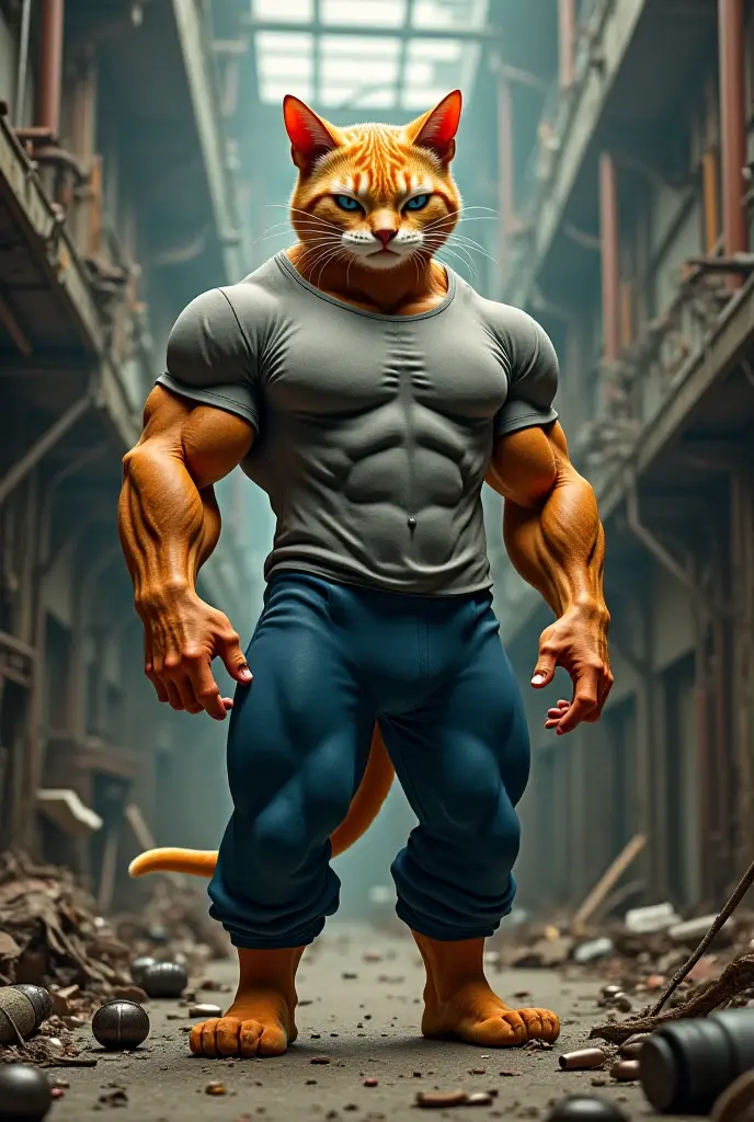 Turkish van cat with huge muscles like bodybuilding champions wearing prison clothes realistic real