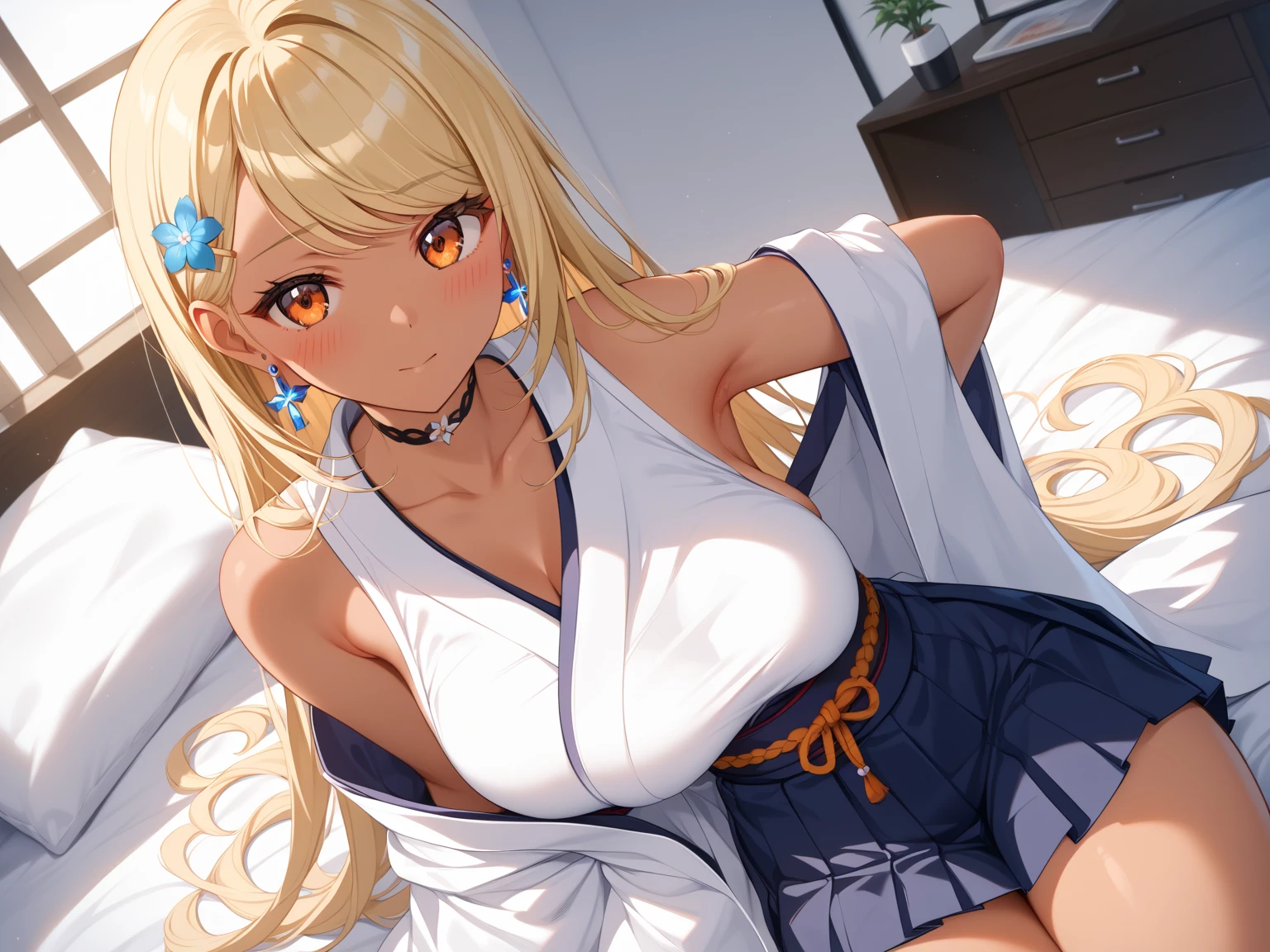 anime, girl single, blonde, red eyes, upper eyes, blush, japanese room, sitting, sexy, underwear