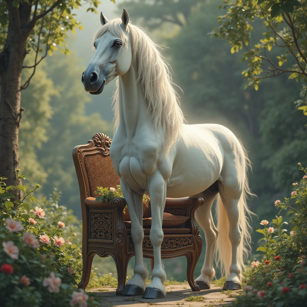 offcial art，统一 8k 壁纸，ultra - detailed，Beauty and aesthetics，tmasterpiece，best qualtiy，1girll，Very detailed，dynamic angle，femele，White centaur，Underdressing，pubick hair，(White horse)，Grey Long Hair，standing on your feet