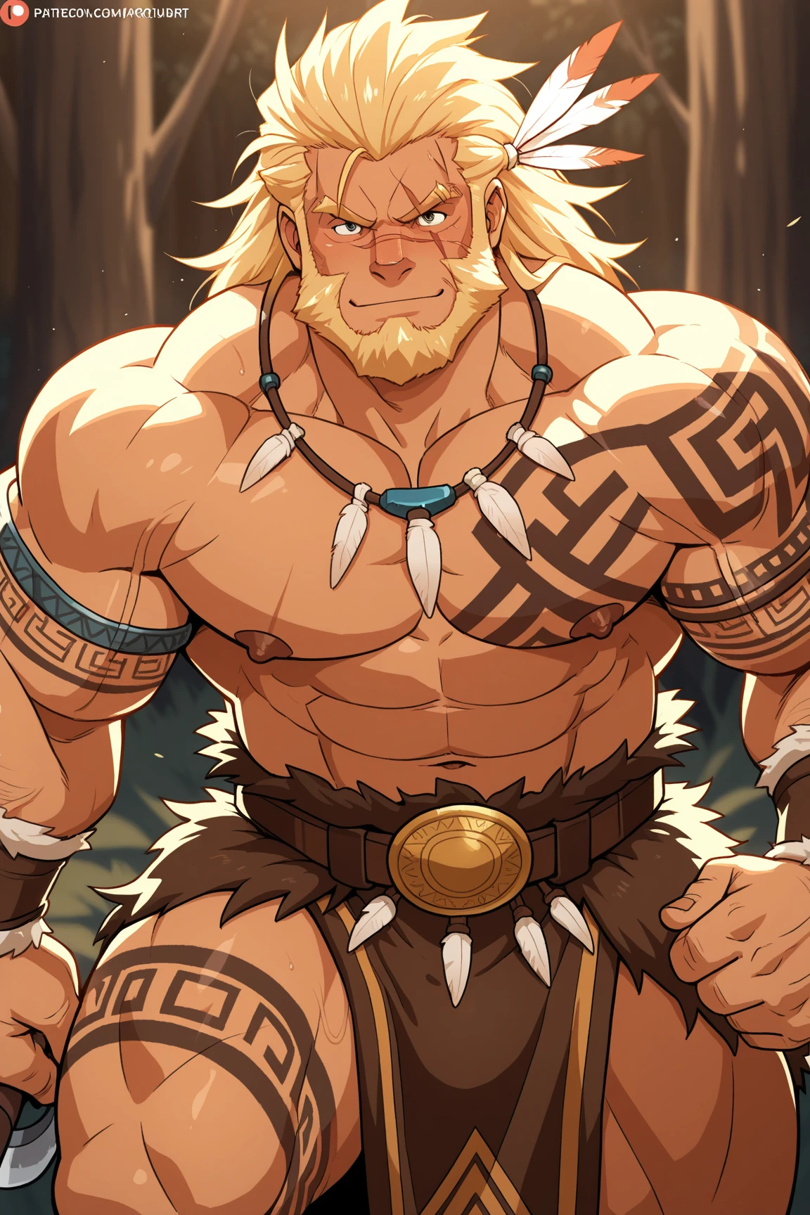 Furry, Kemono, Leon, Leomon, Digimon, solo, Antro body, Bigg Ass, Male Bulge, masculine, Full body, Feet, Braided Mane, Black leather harness, Spiked Anklet, White fitted fundoshi, (white Fundoshi) , Green forest with lake, Blue Sky Background with Green Grass Meadow, (Anime Blue Eyes), High Resolution, 4K Detailed, Good Lighting, Beautiful, Photorealistic, Realistic, (japanese Fundoshi), (white thong), tale, tale Leon, black claw nails, Big Scar on left shoulder