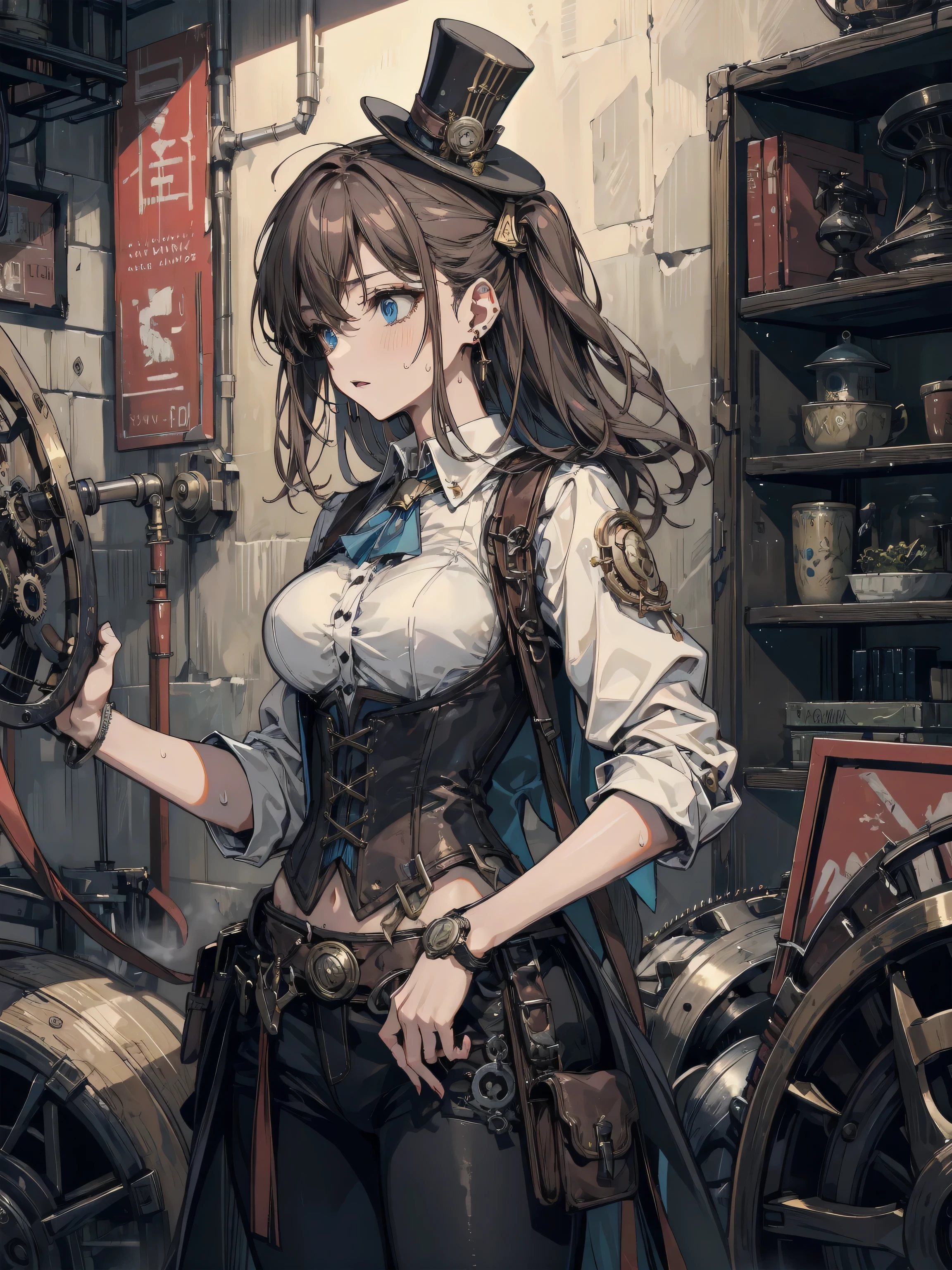 earring, big breasts, medium hair, black hair, sexy, erotic, seductive, Sensual, adult body, sweat, cowboy shot, steampunk fashion, corset, waistcoat, high-collared blouse, top hat with mechanical gears,
