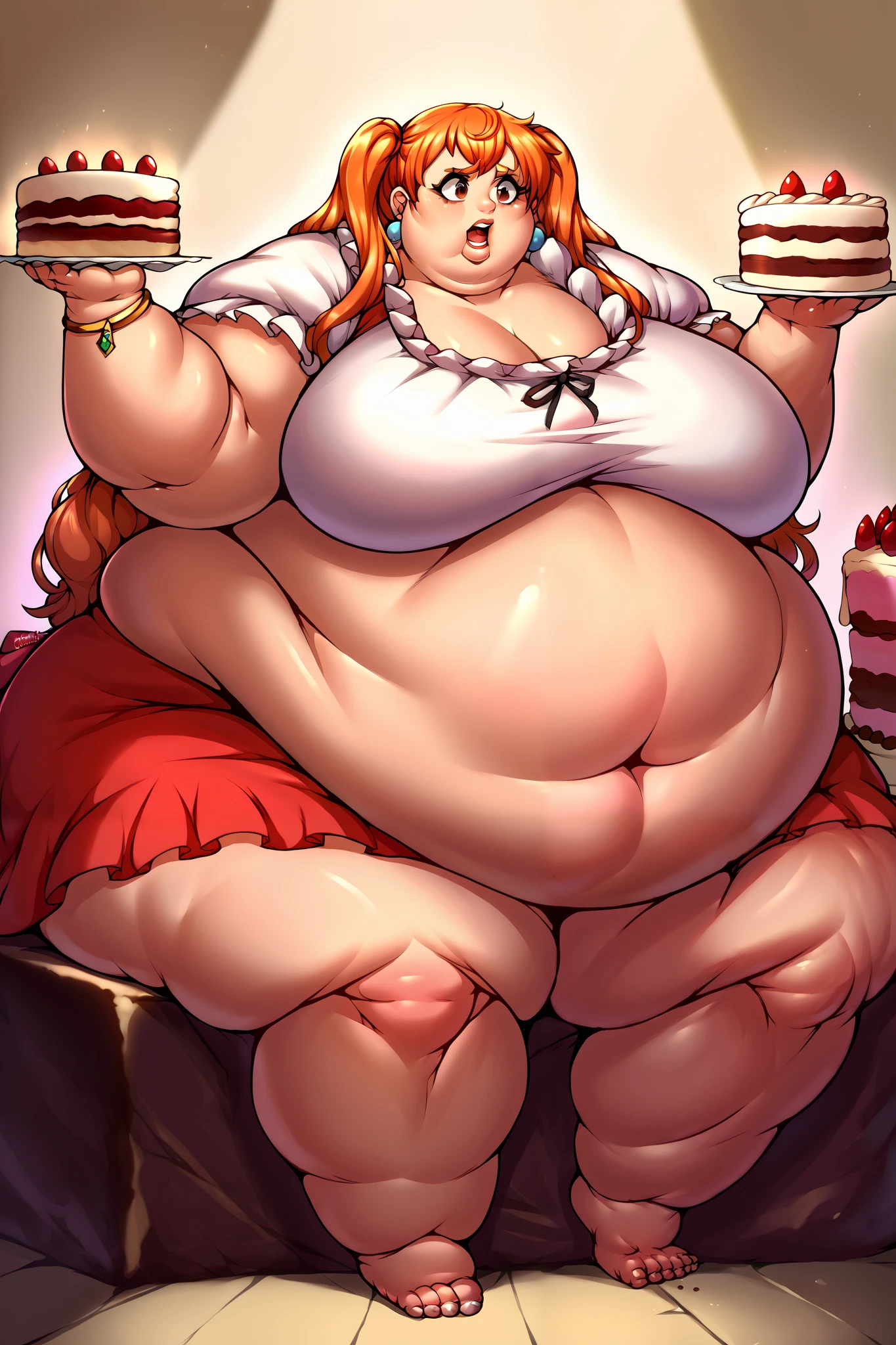 (messy hair) (masterpiece), best quality perfect face beautiful girl, obese feminine, short, defined curves, cinematic, aesthetic, shadows, gorgeous, amazing, cute girl, cute face, happy, (busty) small breasts (perky) (large ass) (bubble butt) brown hair barefoot, obese body, thick thighs, fat belly, fat arms, big butt, detached sleeves bare shoulders, defined abdomen, (thick thighs), (masterpiece), best quality, (yellow eyes:1.3), attractive legs, mask on the side of head, looking up pov, on pirate ship bedroom, horns, super short skirt, Nami (Whole Cake Island Outfit)