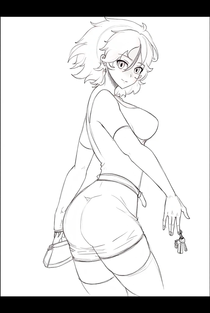 Anime, Best quality, Funny , 8 thousand., stockings with suspenders, woman, Medium breasts, drawing of a woman in black and white lingerie, Thick black line, high resolution commission, back and white, Толстый line drawing, with backlight, cute sexy butts, thick outline, 2 years, 2 years, Hands behind your back, body pose! , realistic perfect body with shading, black and white manga style, average, Sketch on paper 